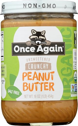 Once Again Organic Crunchy Peanut Butter No Sugar Added - Single Ingredient, Unsalted, Natural Peanut Butter No Palm Oil - Glass Jar, Non-GMO, Gluten Free - Chunky, Unsweetened - 1 Jar (16 oz)
