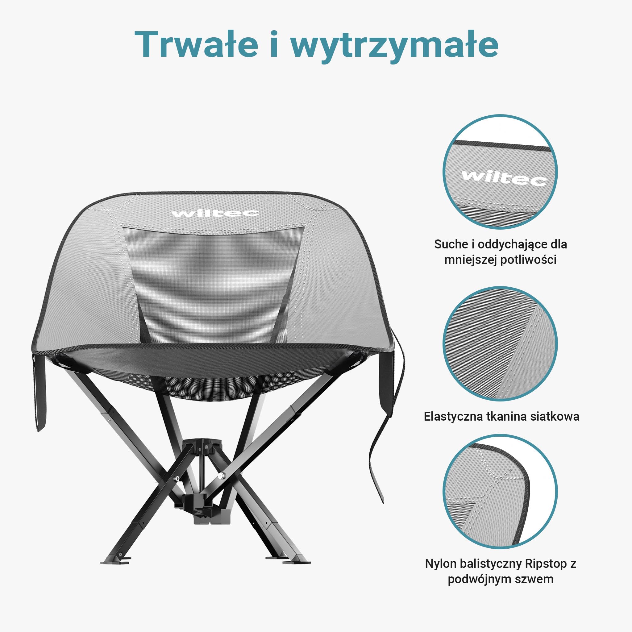 Wiltec Krzesło turystyczne składane z oparciem do 100 kg, lekki fotel kempingowy, plażowe i wędkarskie, kompaktowe siedzisko outdoorowe z pokrowcem