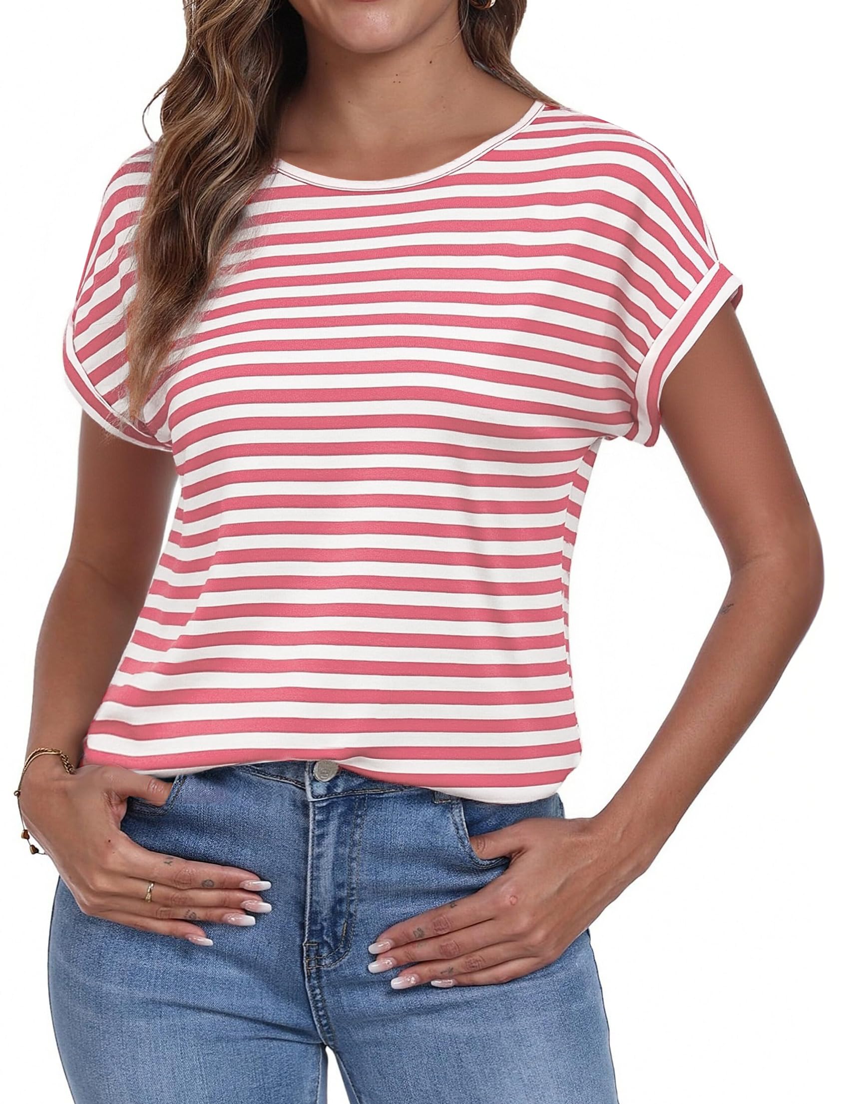 Terecey Damen Rundhal Ausschnitt mit Kurzarm Gestreiftes Shirt Casual Loose Oberteile Basic 2026 Sommer Fashion Tops