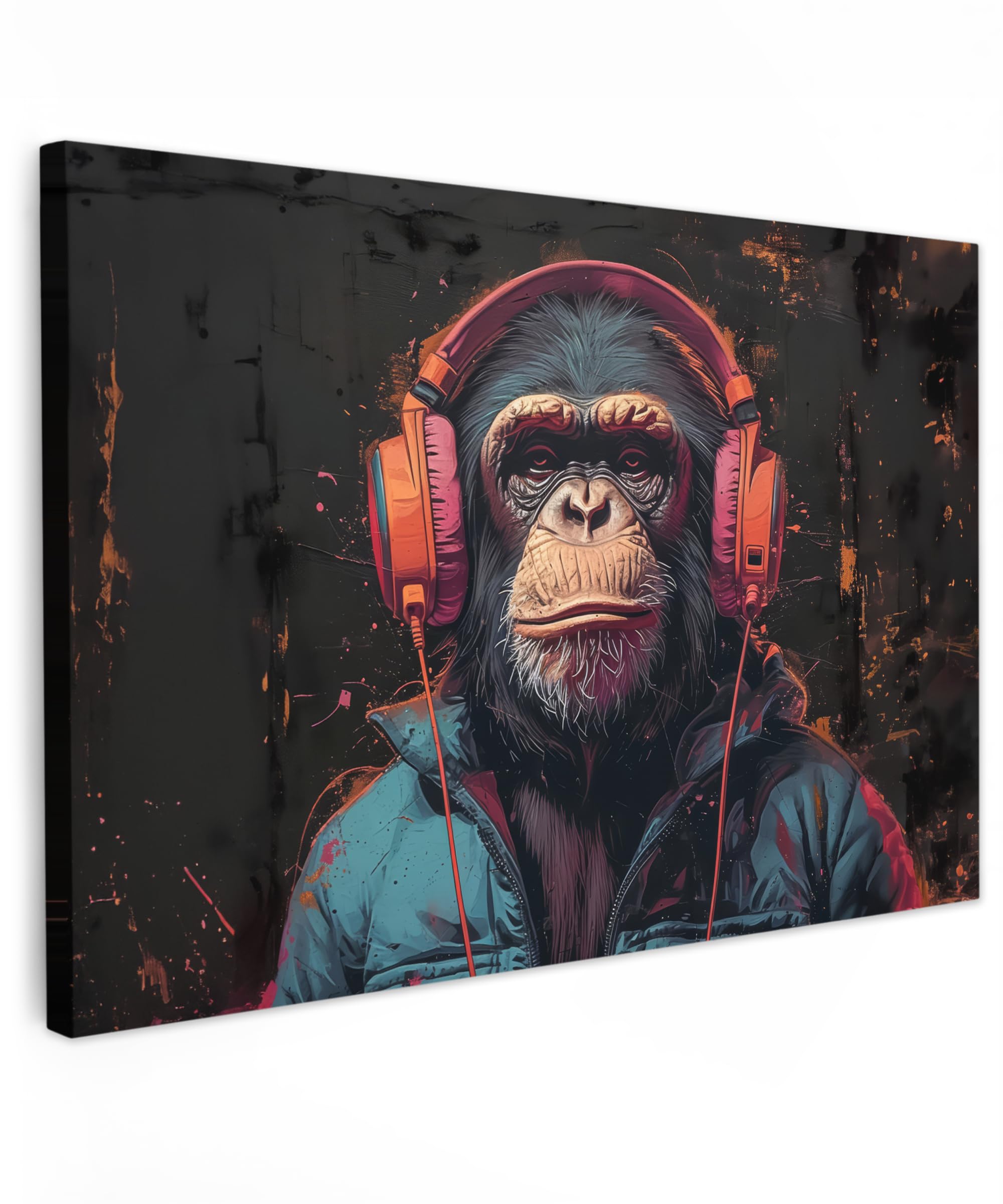 MuchoWow© Bilder 60x40 cm Wohnzimmer Deko Modern Wandbild Foto auf Leinwand Bild Schlafzimmer über Bett Room Decor Geschenke Graffiti - Schimpanse - Kopfhörer - Affe