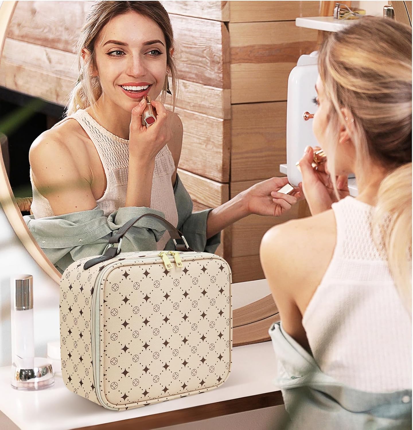 Travel Makeup Bag With 360° rotating LED Mirror,Waterproof cosmetic organizer,Portability Cosmetic case,Makeup organizer,Gift for Women,Girls Gift (Beige + Brown) - Image 7