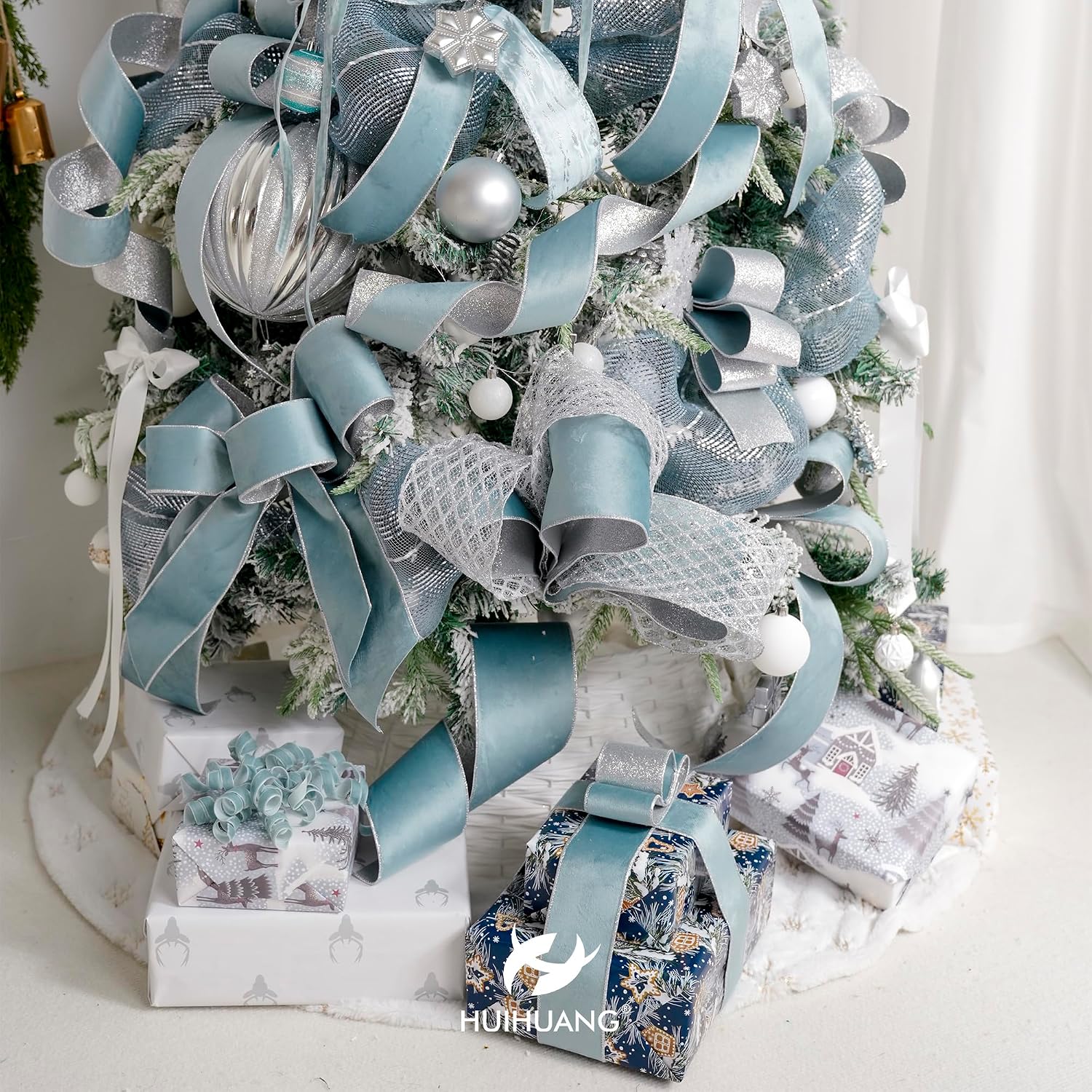 HUIHUANG Christmas Velvet Wired Ribbon 4 inch Dusty Blue Velvet with Silver Glitter Wired Ribbon for X-mas Trees Decoration, Large Bows, Holiday Crafts, Wreaths Supplies- Continuous 10 Yards