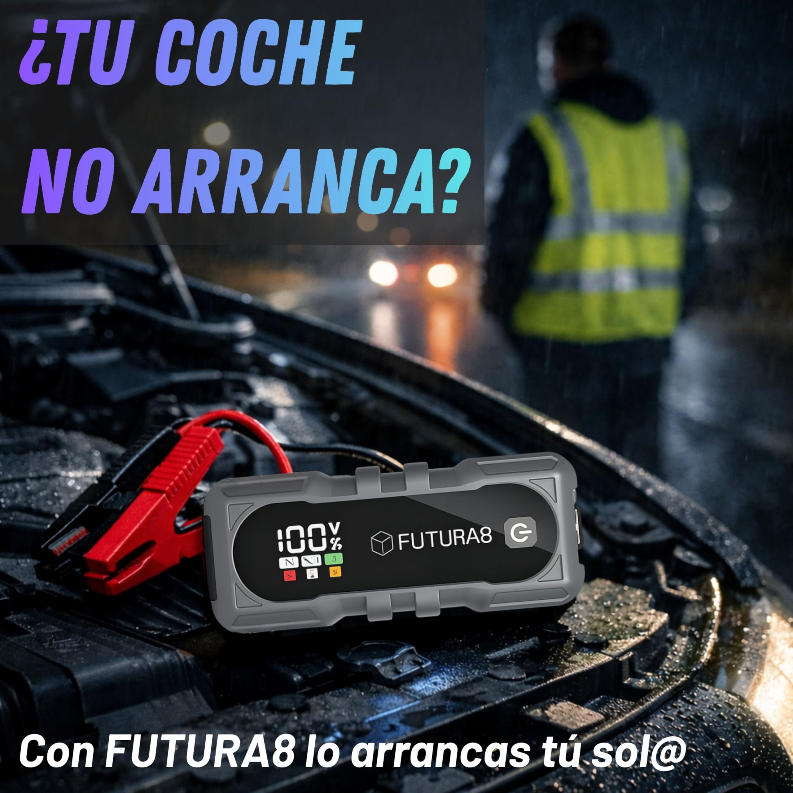Arrancador de Baterias de Coche 4000A, Jump Starter 12V 24000mAh, Todo Gasolina y Diésel 8L, Coche y Moto, Power Bank USB-C, Linterna LED SOS, Pinzas Antichispas, Cargador y Funda Incluidos