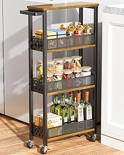 4-Tier Slim Rolling Storage Cart for Kitchen Bathroom Organizer, Mobile Narrow Storage Cabinet Utility Cart with Wood Rack on Wheels for Pantry Laundry Small Space