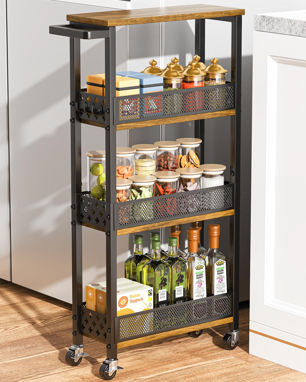 Giwil 4-Tier Slim Rolling Storage Cart for Kitchen Bathroom Organizer, Mobile Narrow Storage Cabinet Utility Cart with Wood Rack on Wheels for Pantry