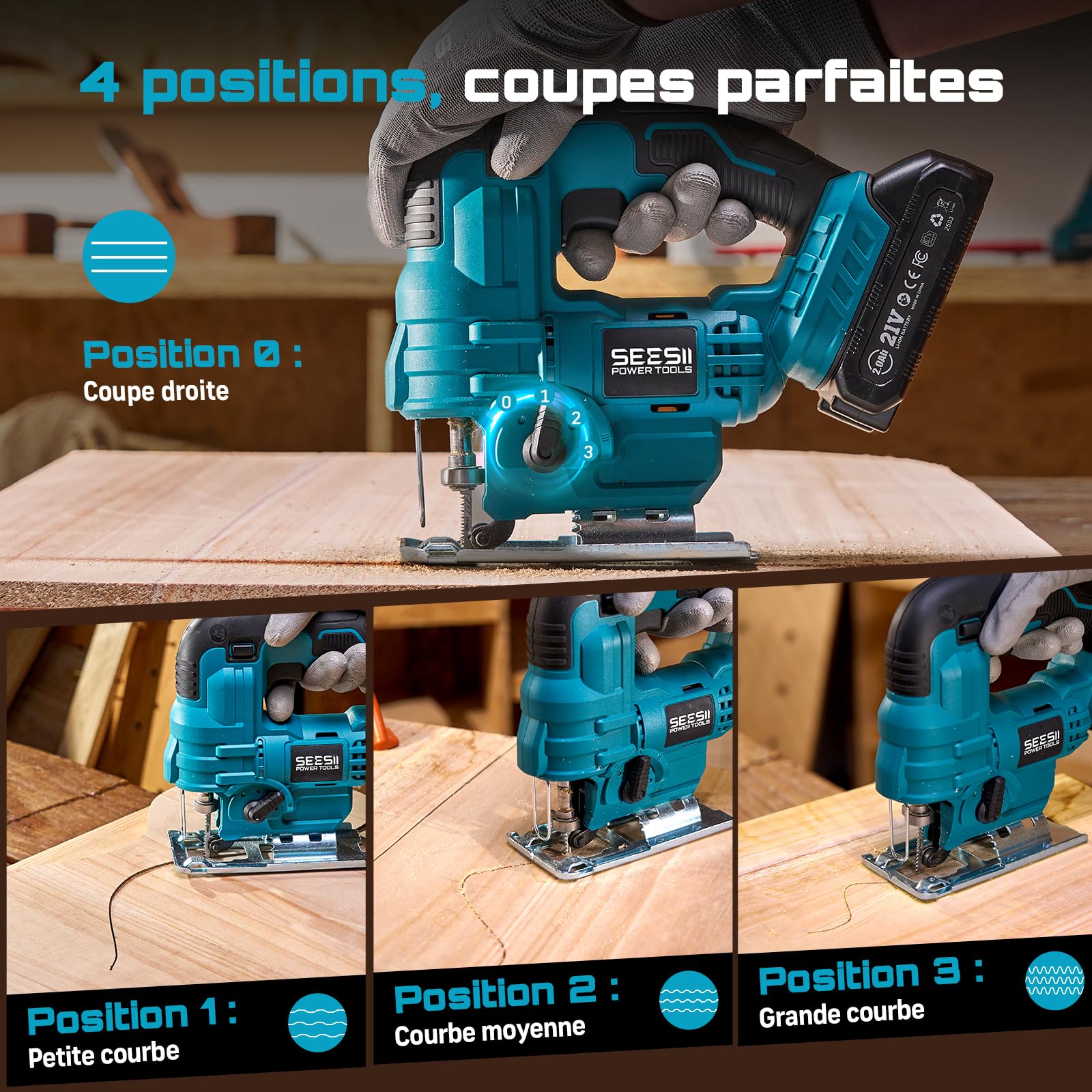 Seesii Scie Sauteuse Sans Fil 21V, Scie Sauteuse Électrique avec 2 × 2.0Ah Batteries, 2800 RPM Vitesse Variable pour la Coupe du Bois, 0°-45° Coupe en Biseau, Lumière LED, 4 Réglages Orbitaux