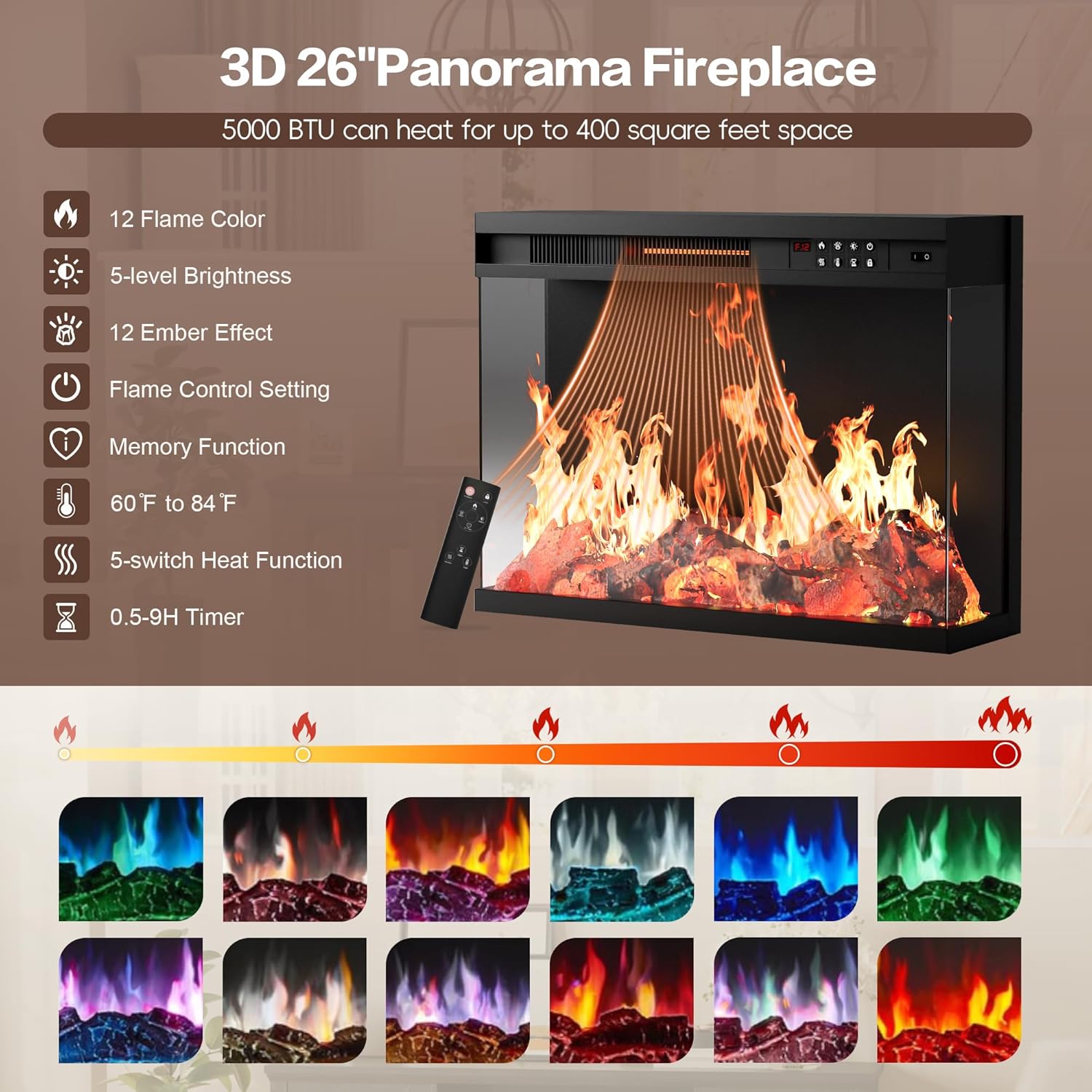 Flamaker Fireplace TV Stand for TVs up to 65'', 3-Sided Glass Media Entertainment Center Console with Storage, Adjustable Flame LED Color for Living Room (Black)