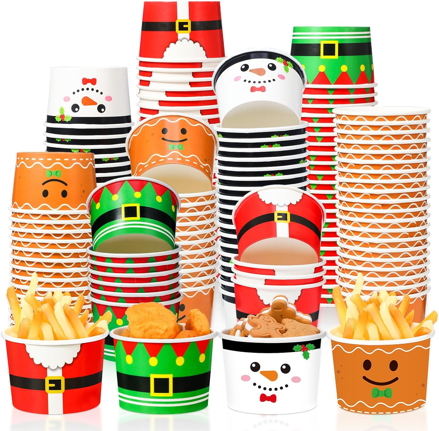 Didaey 100 Pack Christmas Party Snack Cups 8oz Disposable Ice Cream Dessert Soup Bowls with Santa Snowman Gingerbread Designs, Holiday Paper Cups for Hot Cold Food, Xmas Party Decorations Supplies