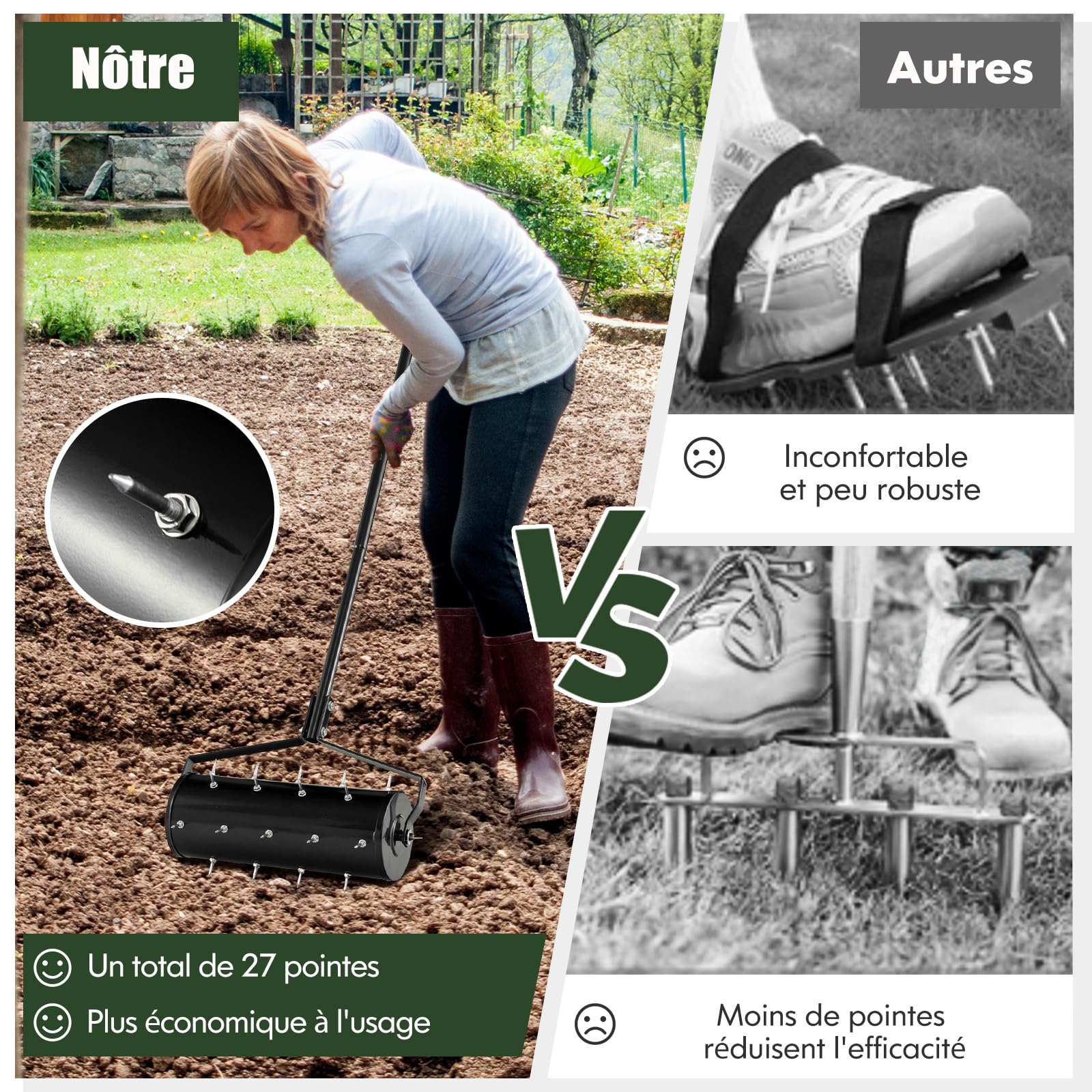 RELAX4LIFE Scarificateur Gazon Manuel 45CM avec Poignée &Rouleau à Pointes Rotatives, Rouleau Aérateur Gazon de Pelouse en Métal pour Jardin Cour Patio (5.5L | 45x130CM, Noir)