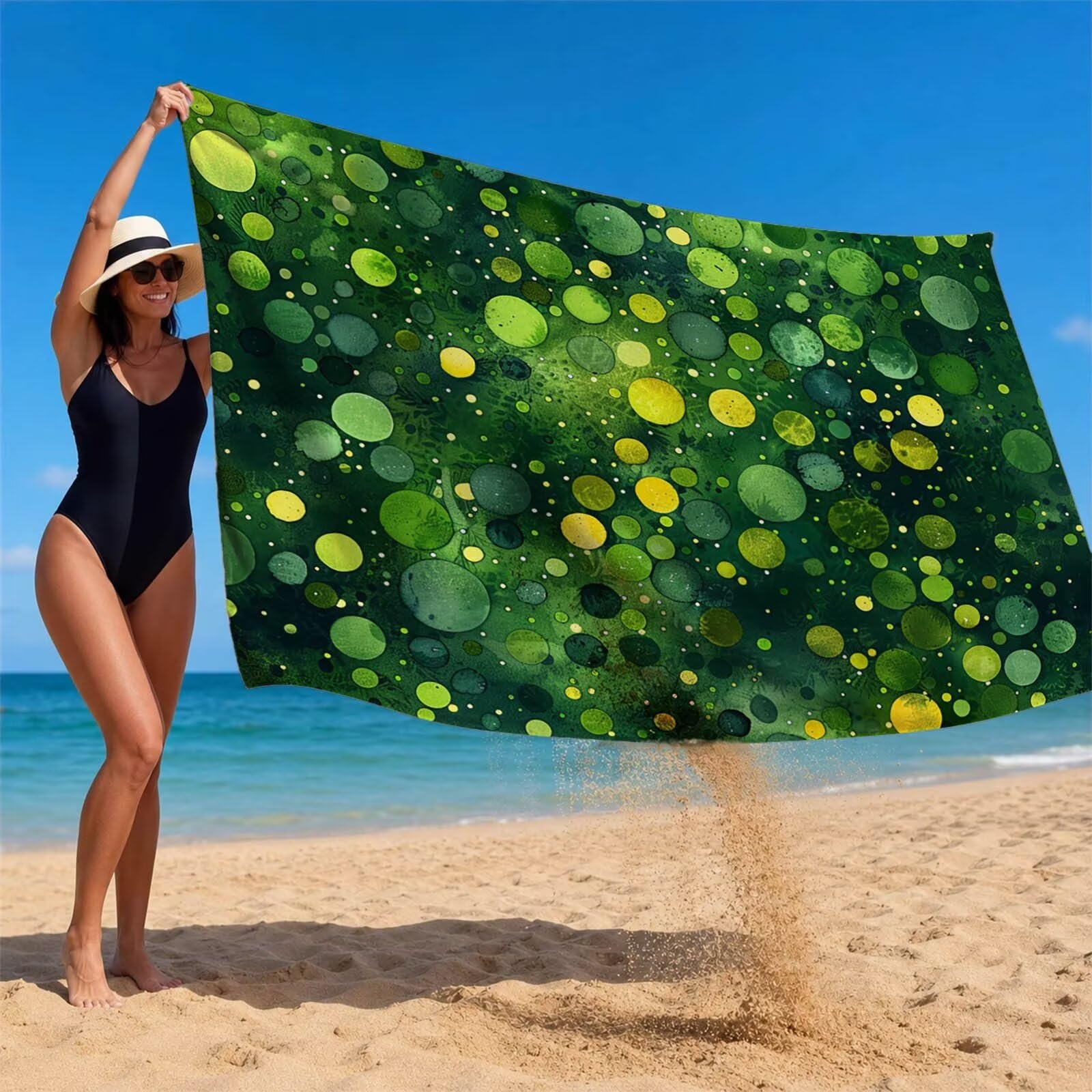 Toalla Playa Grande 160 x 220 Vacaciones Accesorios Viaje, Toalla Playa Verde Suave Cómodo Secado Rápido, Redondo Toallas Baño Grandes 220x160cm para Yoga Fitness Natación Sauna Baño Regalo XTLS-1792