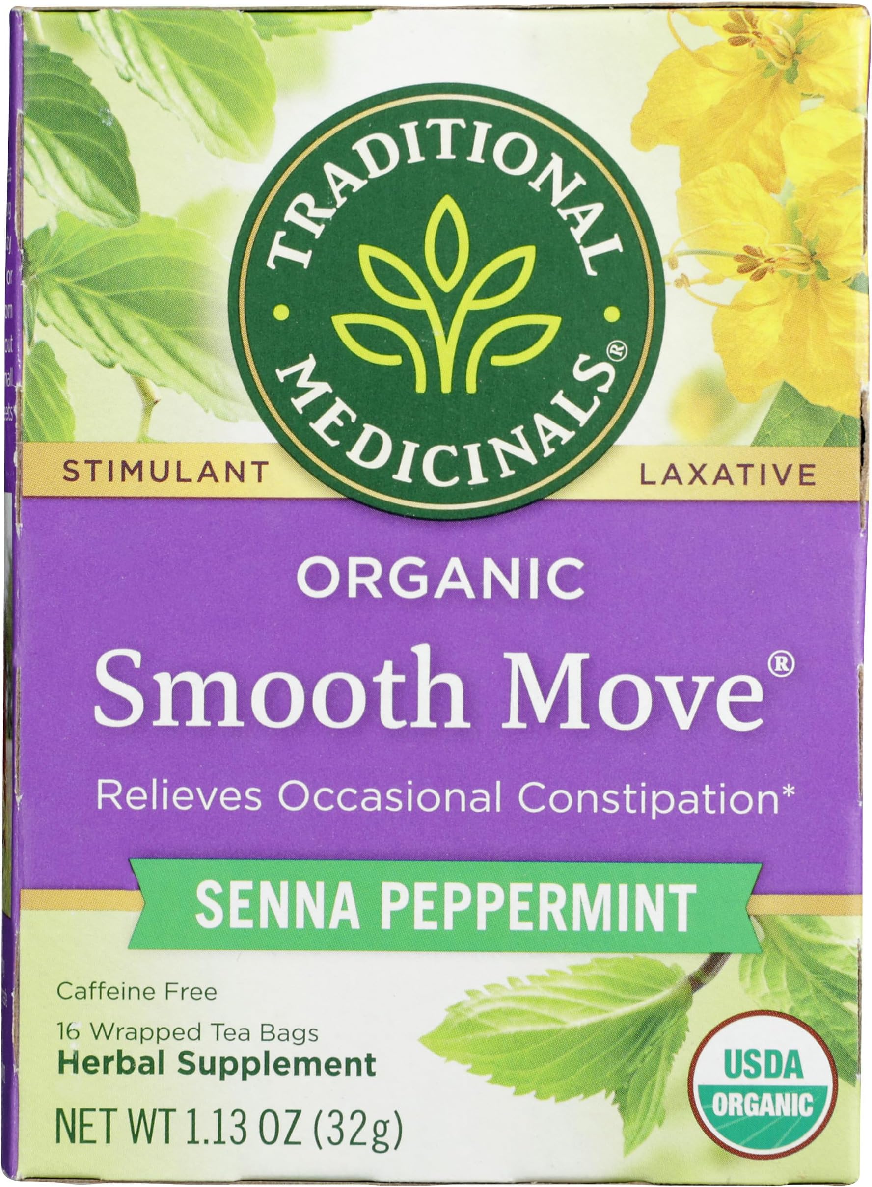 Traditional Medicinals Organic, Smooth Move Tea, Peppermint & Senna - Helps Relieve Constipation Overnight - Kosher, Non-GMO, Caffeine-Free, Compostable - 16 Tea Bags
