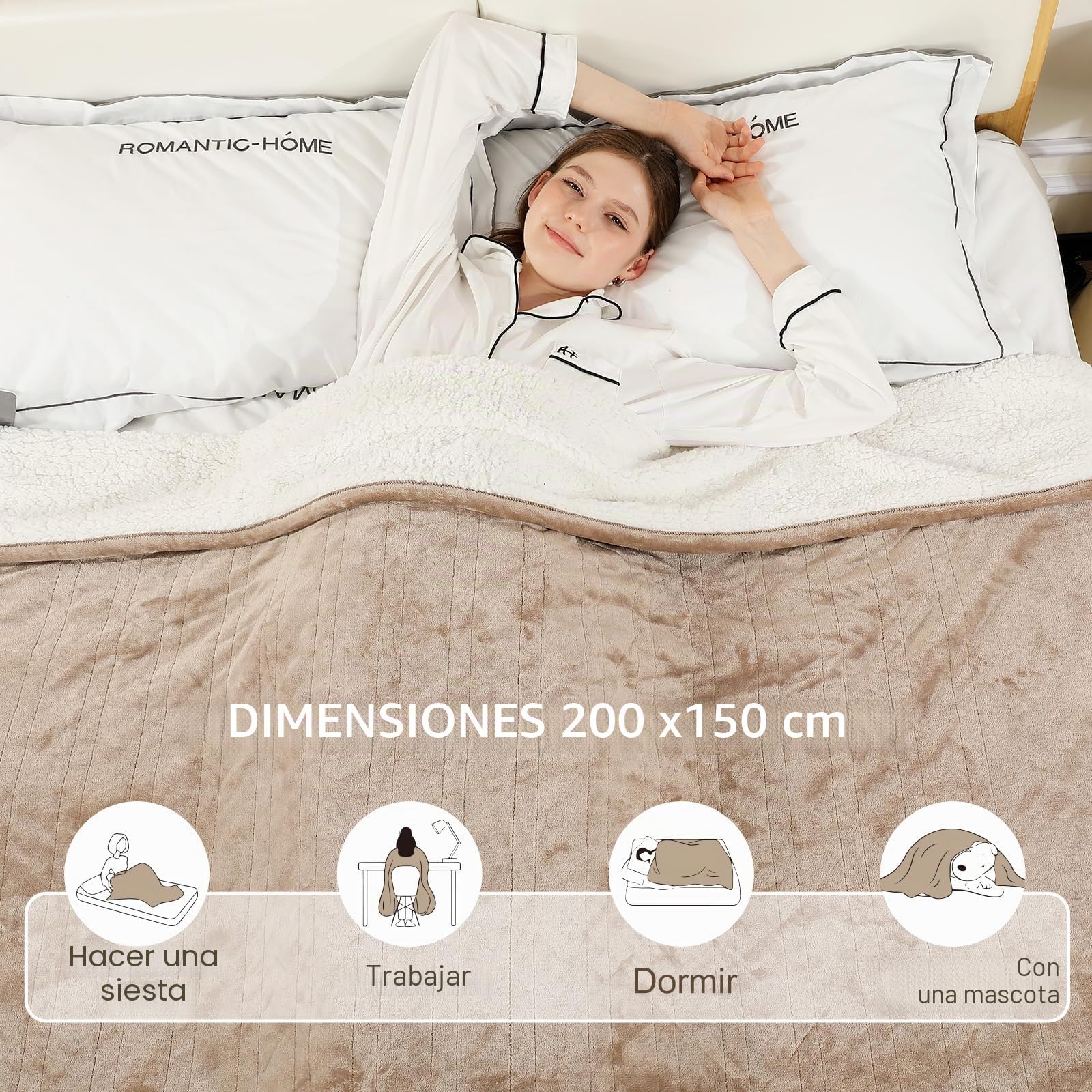 COZYTY Manta térmica de franela de lino, 200 x 150 cm, suave manta eléctrica de felpa con apagado automático, 6 niveles de calor y temporizador de apagado de 10 horas, certificado CE, lavable a