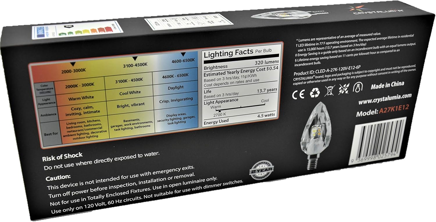 Uр Tо 40% оƒƒ CRYSTALUMIA Genuine Crystal LED Light Bulbs, Non-Dimmable, Candelabra Base (E12), Efficient 4.5W ~ 40W, Warm White 2700K, Perfect Luxury Complement for Chandeliers and Decorative Lamps | 6-Pack Count