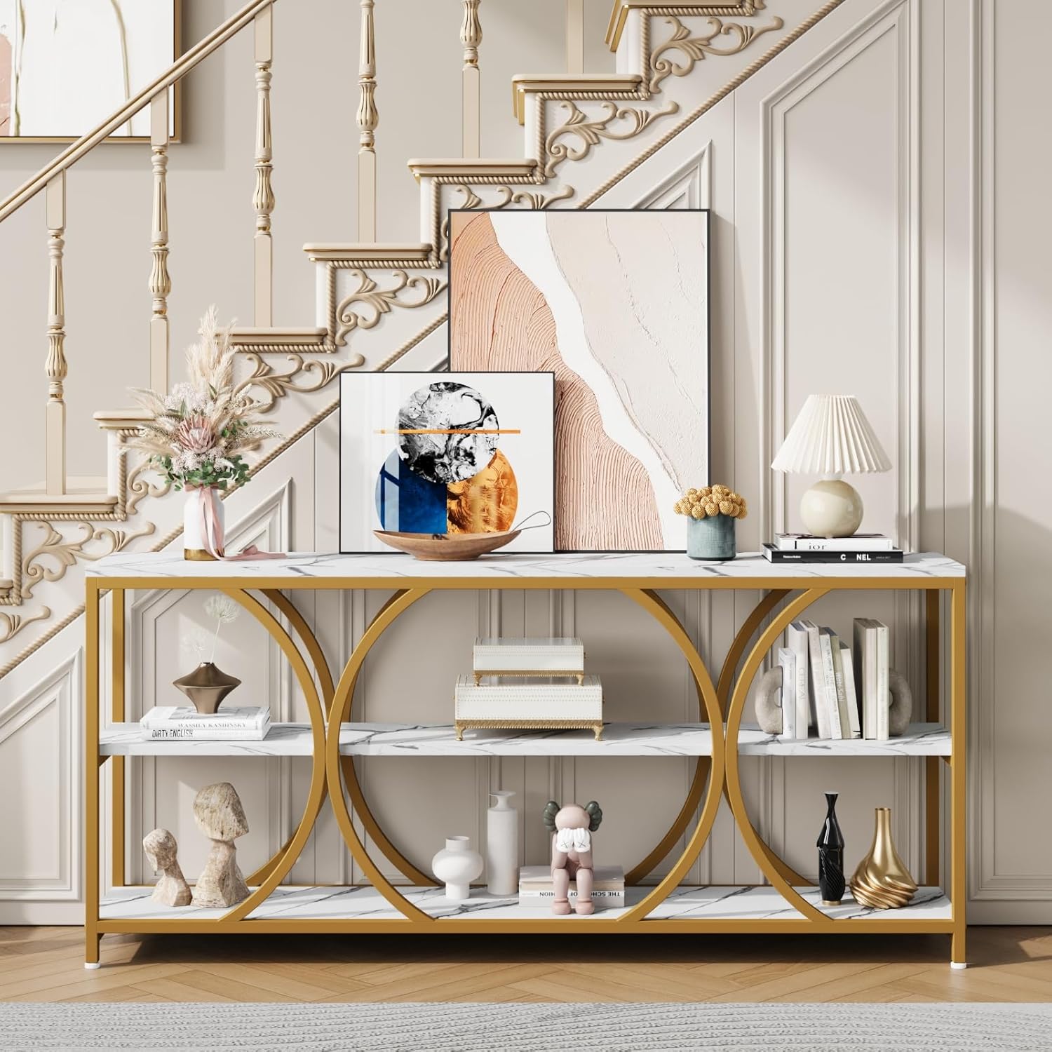 Modern Console Table,70.8 Inch Extra Long Entryway Table with 3 Tier Storage Shelves for Living Room,Hallway, Entrance,Sofa Table with Geometric Gold Frame & Faux Marble Tabletop, White and Gold