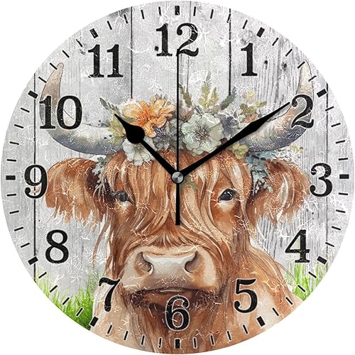 Reloj lindo de vaca de las tierras altas con corona de flores, acuarela, reloj de pared para decoración de interiores, sin tictac, reloj pequeño