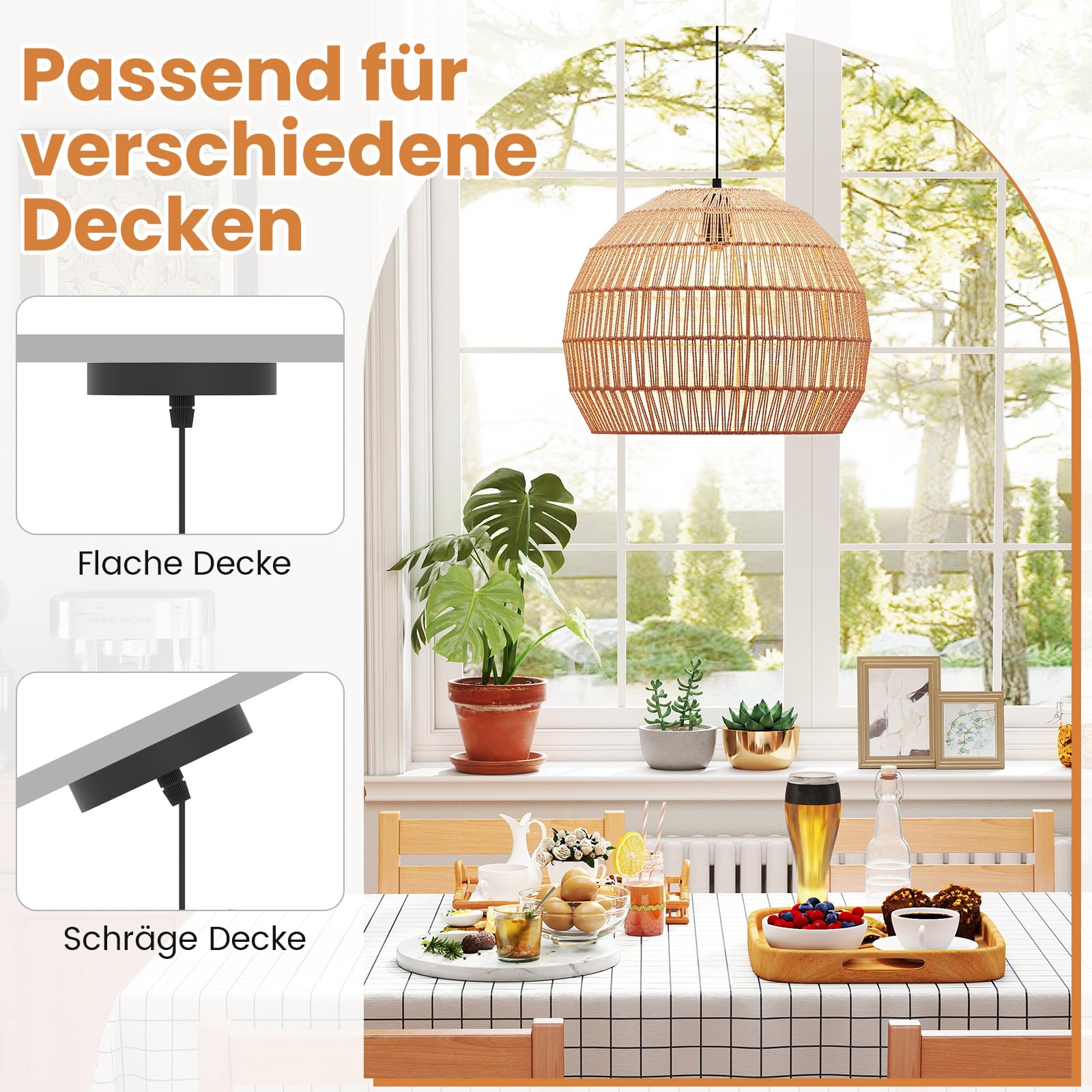 GOPLUS Hängelampe, Boho Pendelleuchte Esstisch, Deckenleuchte mit E27 Fassung, verstellbarer Aufhänghöhe Hängeleuchte, Pendellamp für Küche, Wohnzimmer, Schlafzimmer, Lichtquelle nicht enthal (Kaffee)