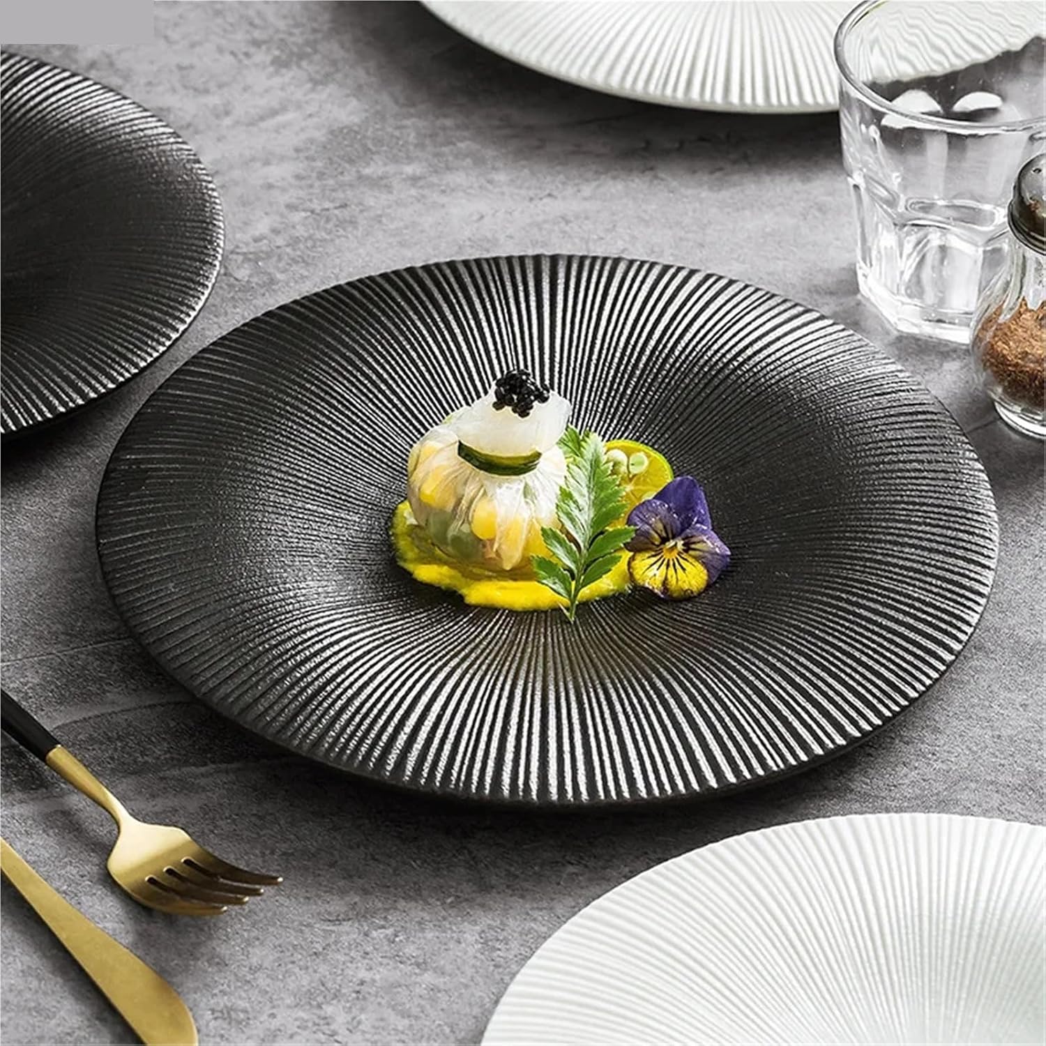 Frosted Striped Ceramic Shallow Plate for Dessert Sushi Pasta - Creative Dining Tableware(A 7.5 inch)