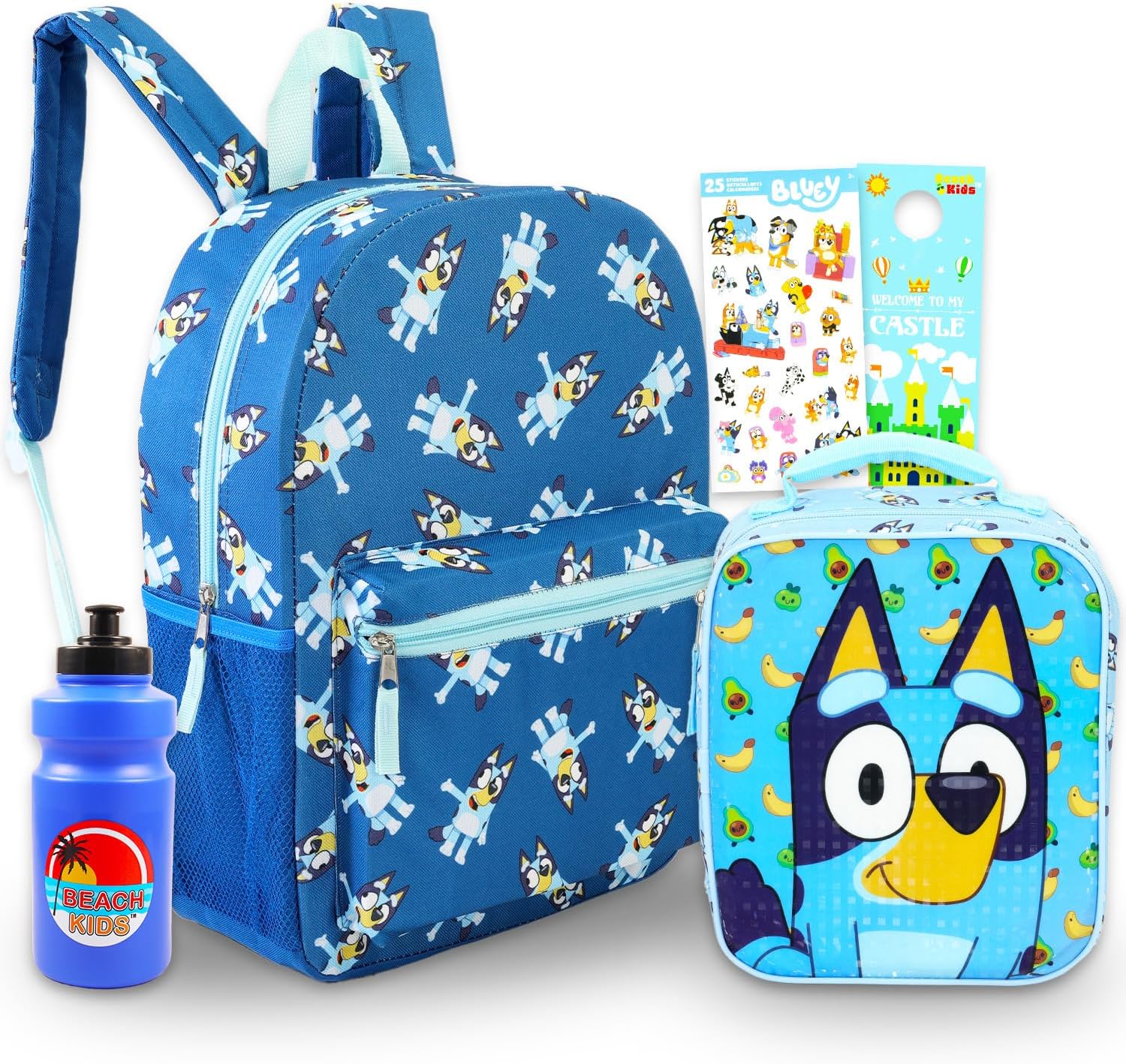Bluey Backpack and Lunch Box Set - Bundle with 15" Bag, Lunch Box, Bottle, Stickers, More | Bluey & Bingo School Supplies (Multicolor)