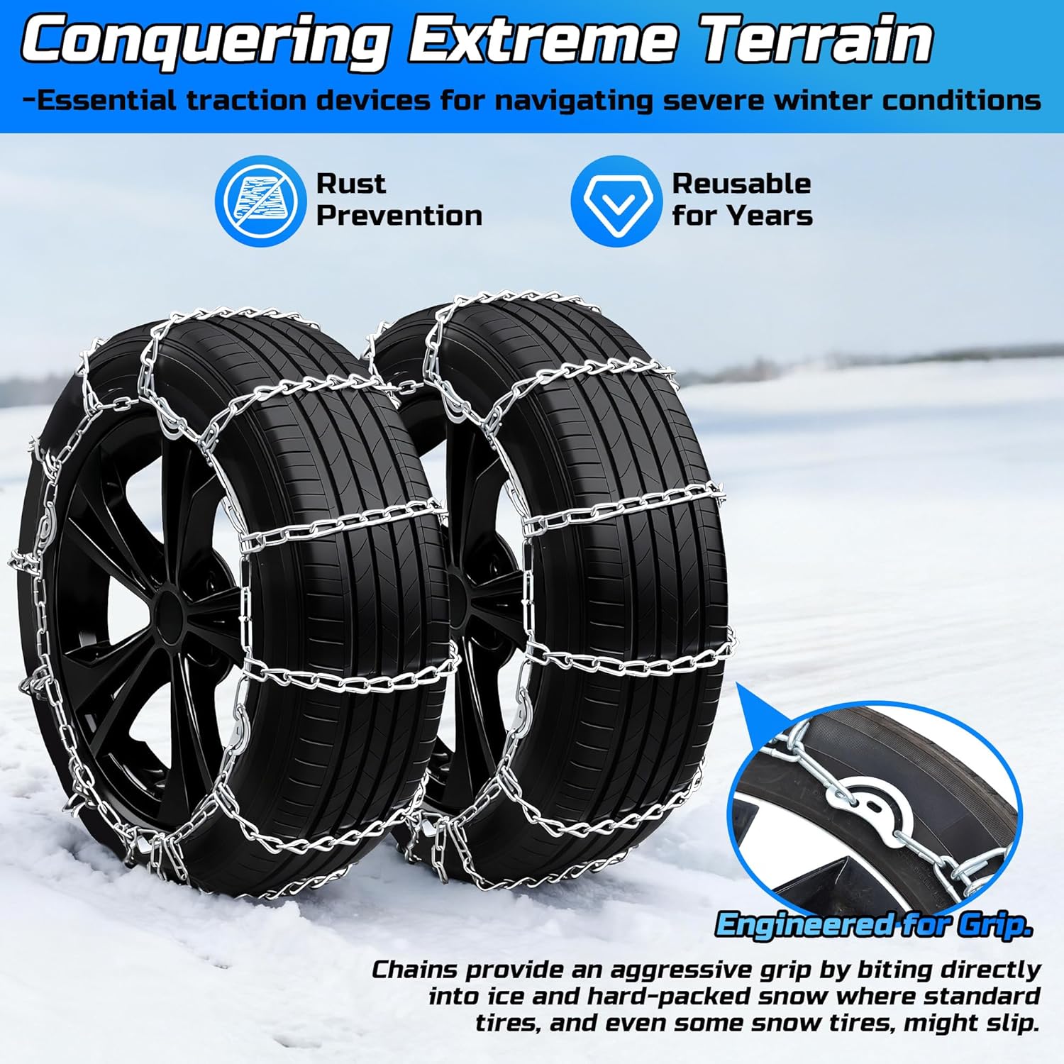 Automotive Tightening Snow Chains Tire Chains for Tire Set of 2 With Gloves Winter Accessories SUV Trucks Pickup Winter Emergency Traction 1150 Large