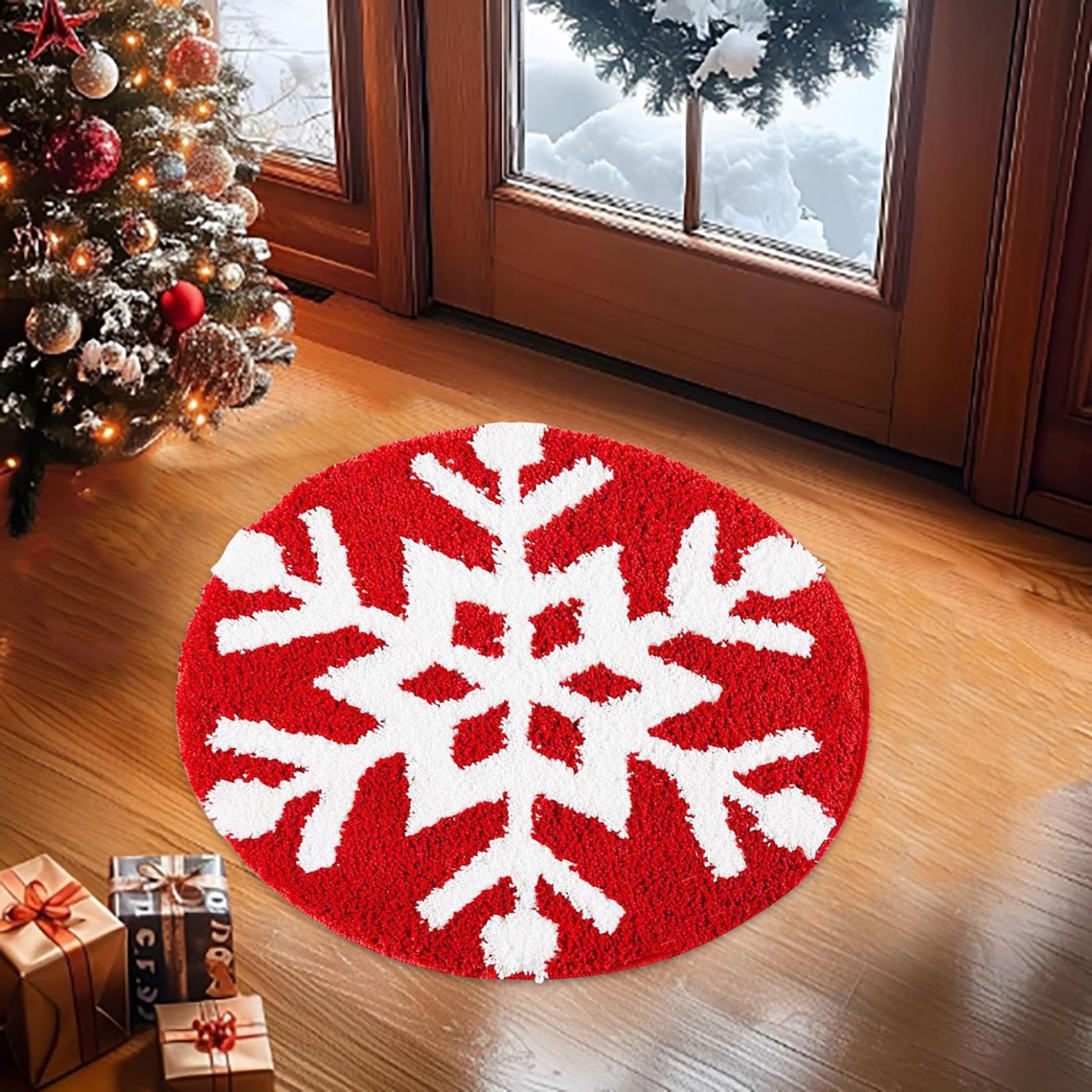 Winter Snowflake Bathroom Rug Thick Imitation Floor Mat Absorbent Shaggy Modern Cute Christmas Bath Rug for Christmas Home