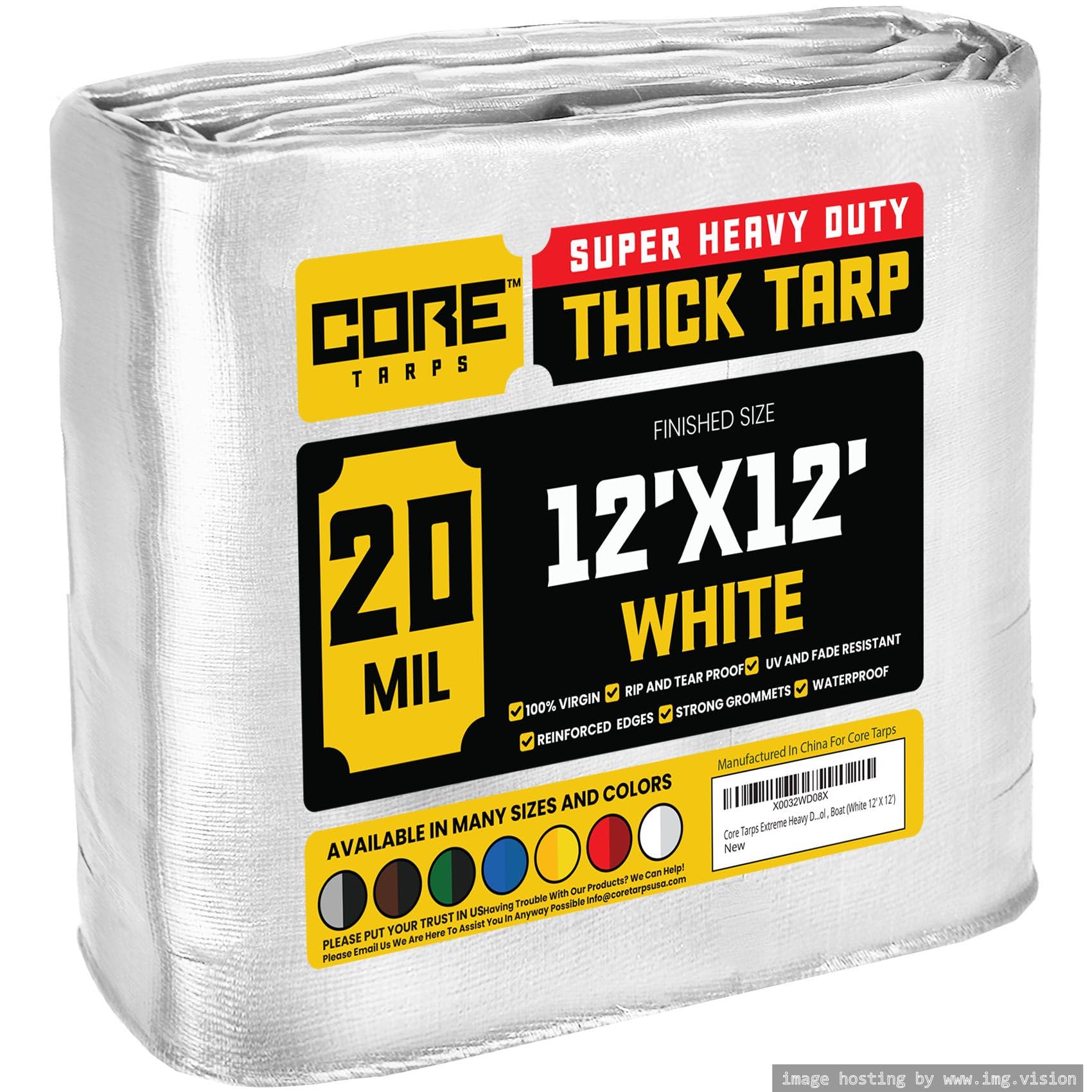 Core Tarps Extreme Heavy Duty 20 Mil Tarp Cover, Waterproof, UV Resistant, Rip and Tear Proof, Poly Tarpaulin with Reinforced Edges for Roof, Patio, Pool, Boat (White 12′ X 12′)