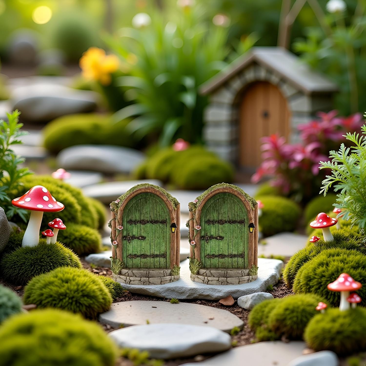 Jinshining 2Pcs Green Fairy Door Wooden Miniature Garden Doors Outdoor Mini Fairy Gnome House Accessories for Tree Trunk Ornaments Garden Miniatures, Sculptures, Outdoor Statues Miniatures