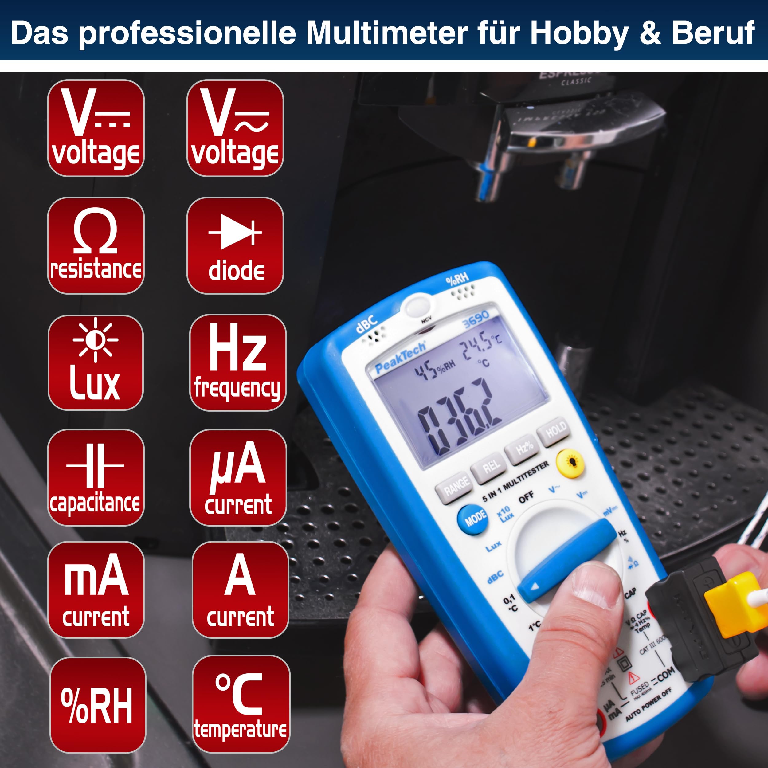 PeakTech P 3690 – Digitales 5-in-1 Messgerät – Multimeter, Schallpegelmessgerät, Luftfeuchtigkeitsmessgerät, Thermometer, Durchgangsprüfer in einem – Strommessgerät mit 4000 Counts 600V
