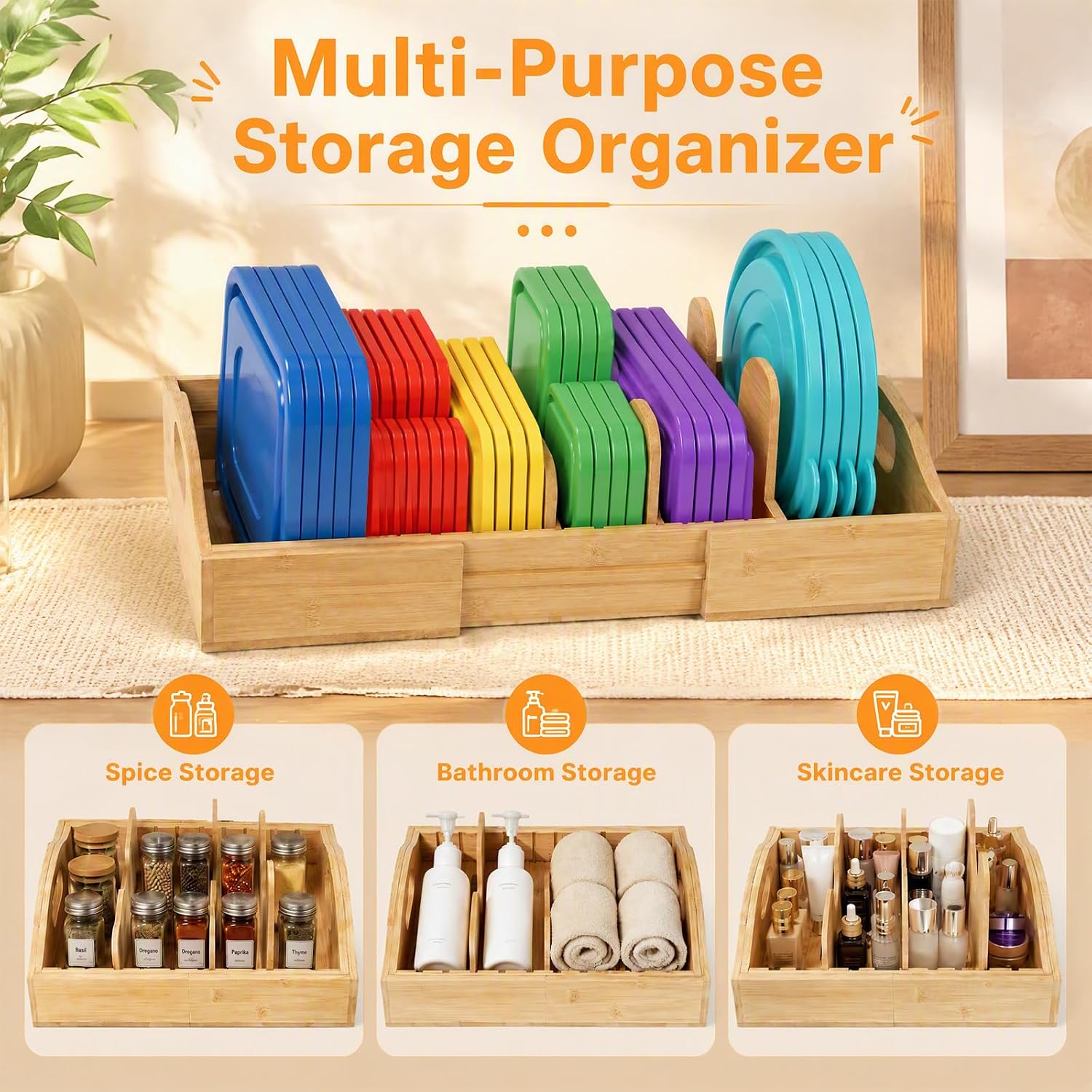 CLEANGOR Adjustable Expandable Bamboo Pot Lid Organizer, Anti-Slip Rack for Lids & Cutting Boards, Kitchen Cabinet Drawer Storage(Large)