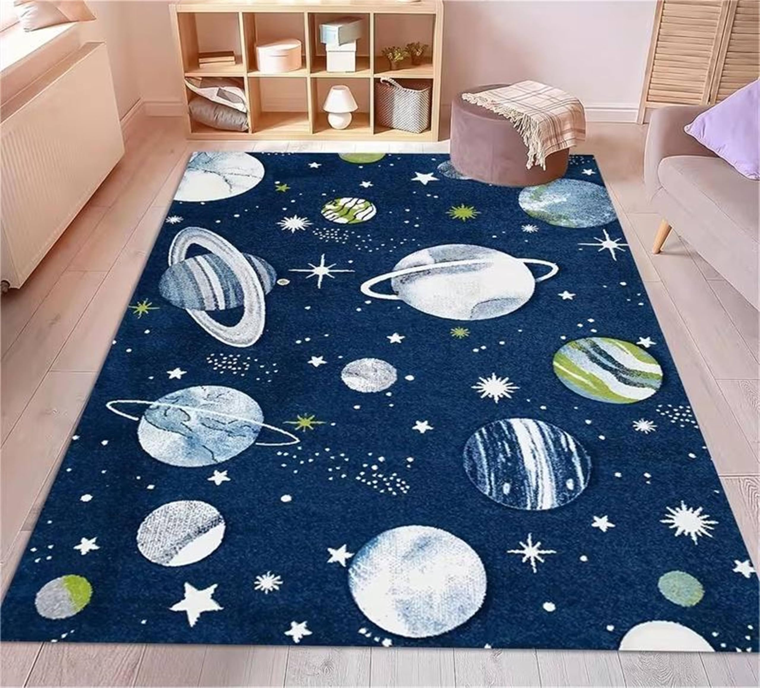 Planet Rug for Living Room, 180x230cm 3D Galaxy Space Planet Print Bed Blanket, Soft and Durable Bedroom and Living Room Decoration, Large-Area Indoor Floor Carpet, Washable Non-Slip Mat - Blue