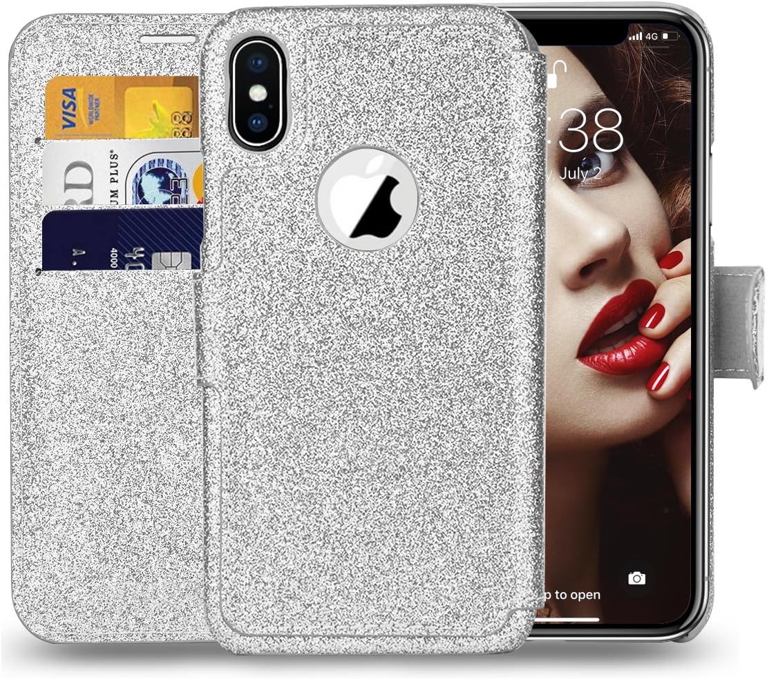 Filoto iPhone Xs Wallet Case, iPhone X Case, Premium PU Leather Glittery Bling Wallet Case with Card Holder/Magnetic Closure Flip Cover for Apple iPhone X/Xs iPhone 10 (Silver)