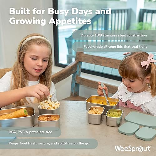 Miniatura 4 de Set de Loncheras WeeSprout de Acero Inoxidable - 750mL & 230mL Cajas Bento Anidadas de Almacenamiento de Alimentos con Tapa de Silicona de Grado