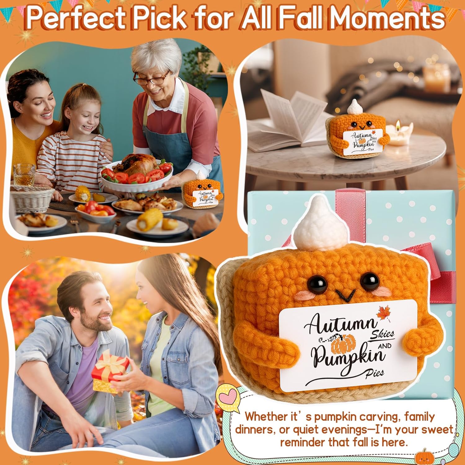 Thanksgiving Fall Decor Mini Pumpkin Pie Crochet Doll, Small Autumn Season Holiday Pumpkin Items Plush Gift, Cute Halloween Home Office Indoor Table Decoration, Christmas Stocking Stuffer Ornament - Image 6