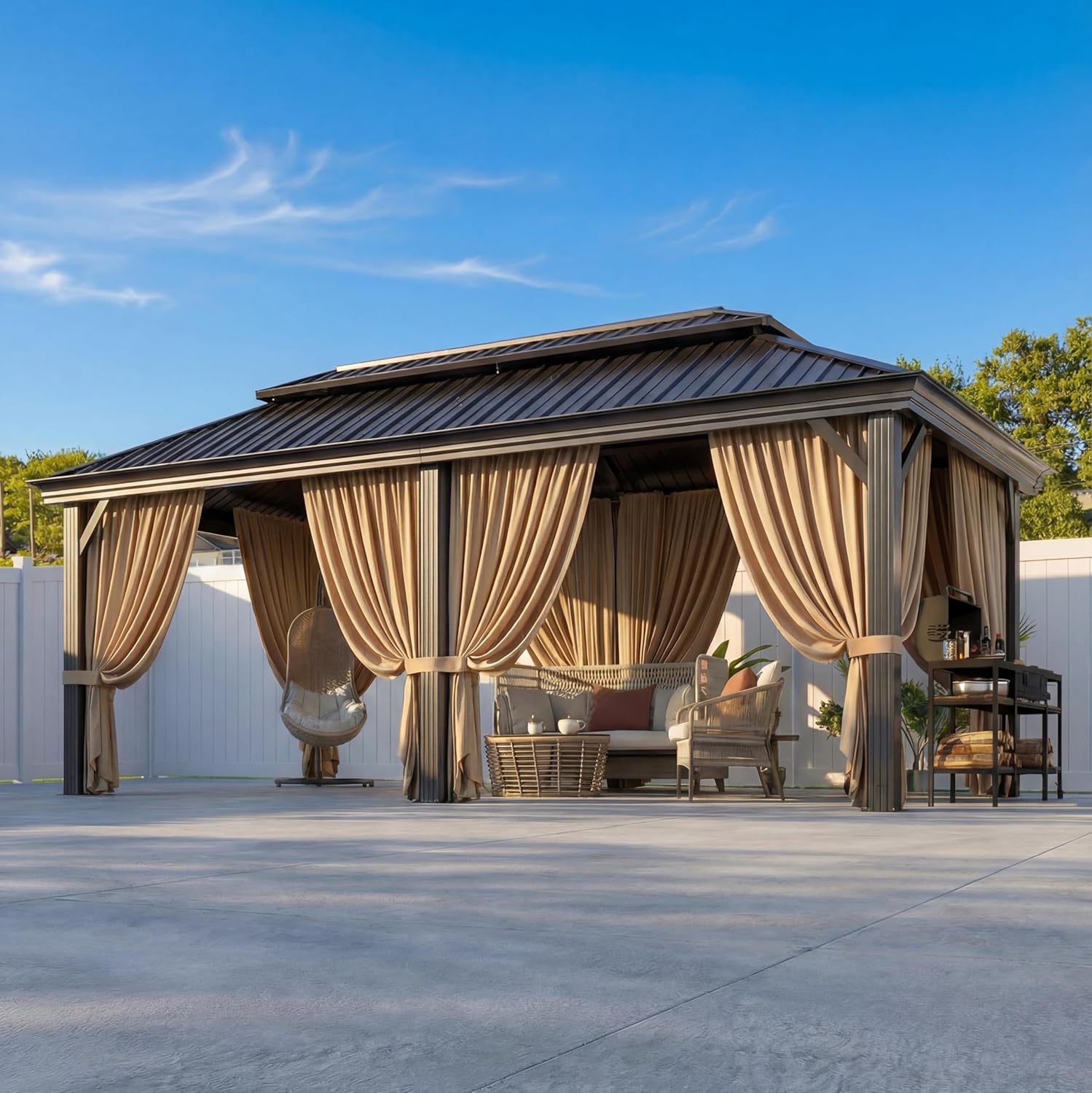 HOTEEL 12x20 Gazebo on Clearance with Metal Roof & Drainage System, Heavy Duty Hardtop Gazebo with Flame-Retardant Curtain & Netting, Outdoor Gazebos with Galvanized Steel Double Roof for Patio, Party