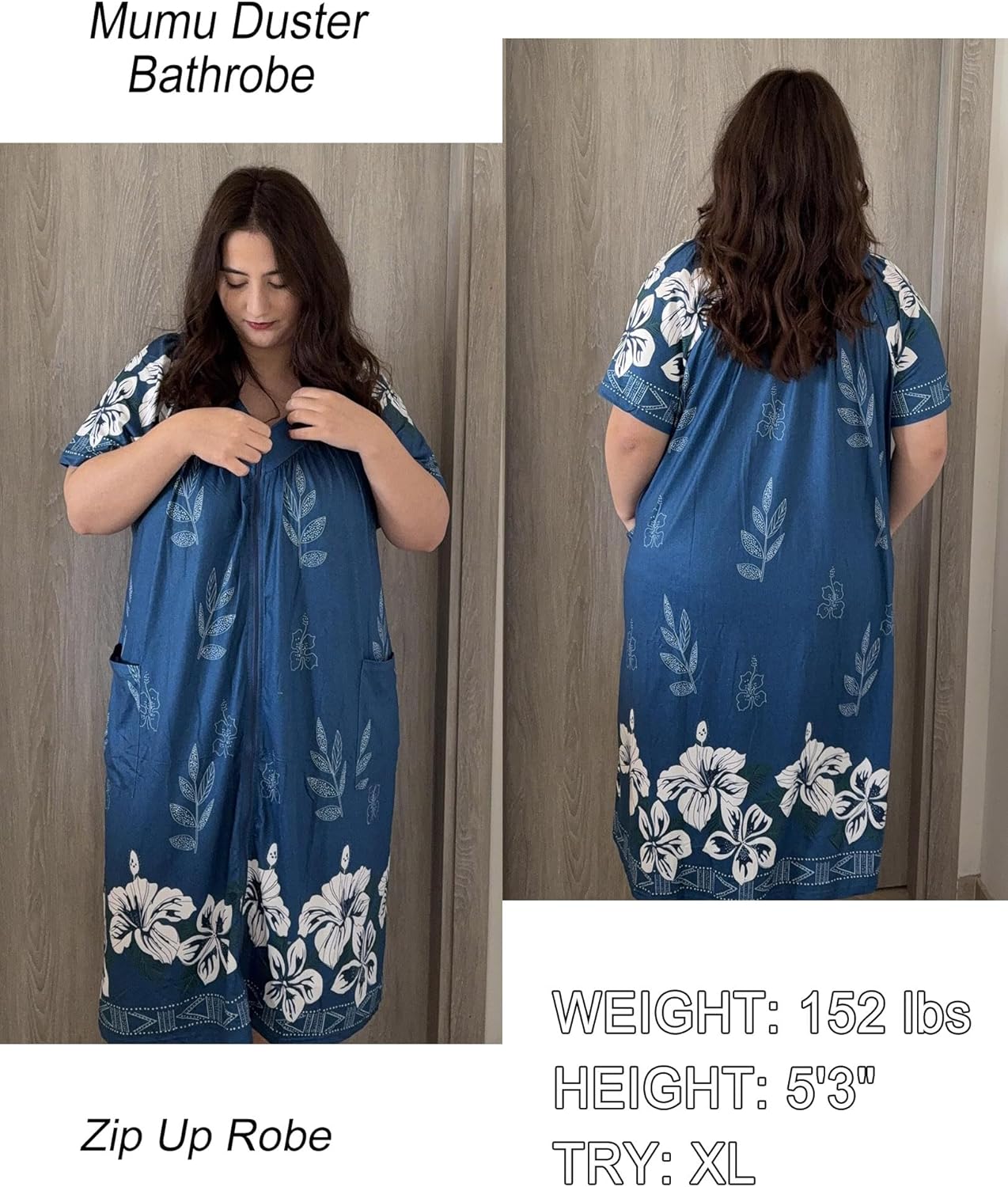 Ekouaer Women Robe Zipper Front Mumu Duster Robes Zip Up Housecoat Soft Sleepwear with Pockets - Image 3