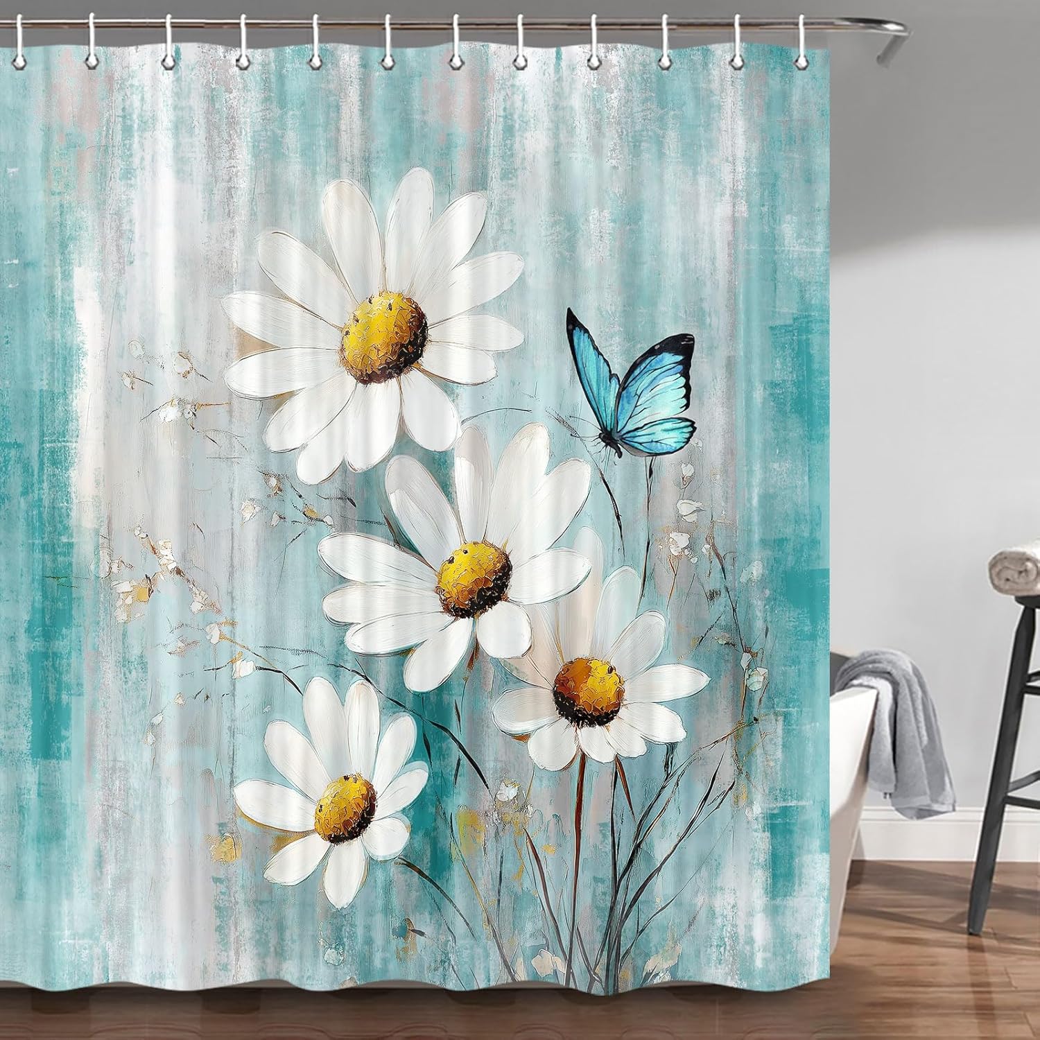 JAWO Turquoise Daisy Floral Shower Curtain, Rustic Farmhouse and Butterfly, 72X78 Inches (Turquoise Blue)