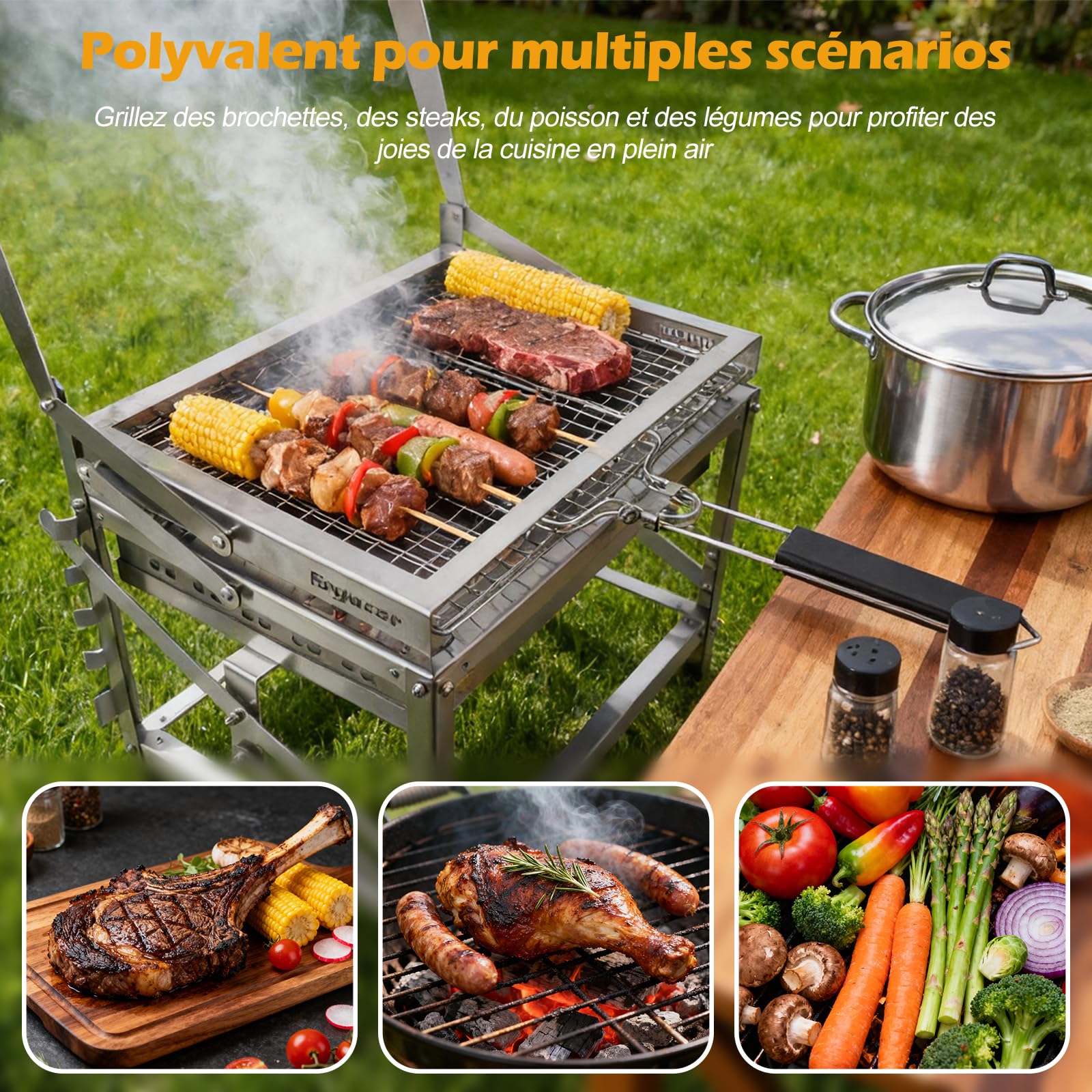 Ergocar Barbecue à Charbon Bois d'Extérieur Multifonctionnel Et Portable Rotatif Avec Plateau à Charbon Réglable à 4 Niveaux Idéal Pour Pique-Niquer Camper Et Faire Des Grillades En Plein Air