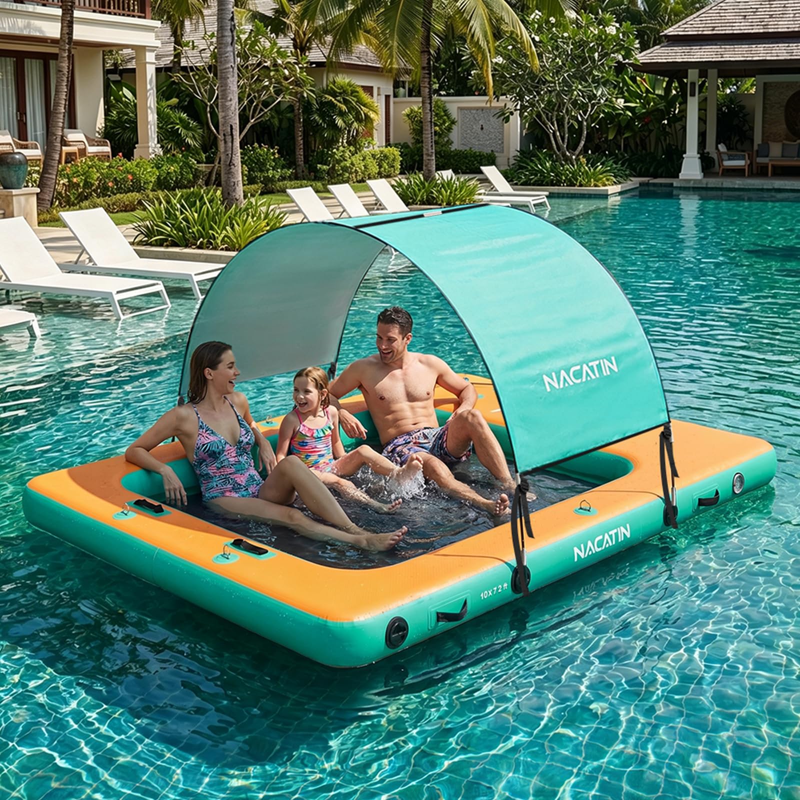 Photo 1 of Inflatable Floating Dock, 10FT x 7.2FT Portable Inflatable Island Platform with Mesh Swim Area, fit 6-8 People, Eqiup Air Pump, Canopy, Repair Kit & Carry Bag, for Swimming, Lake, Pool, Beach