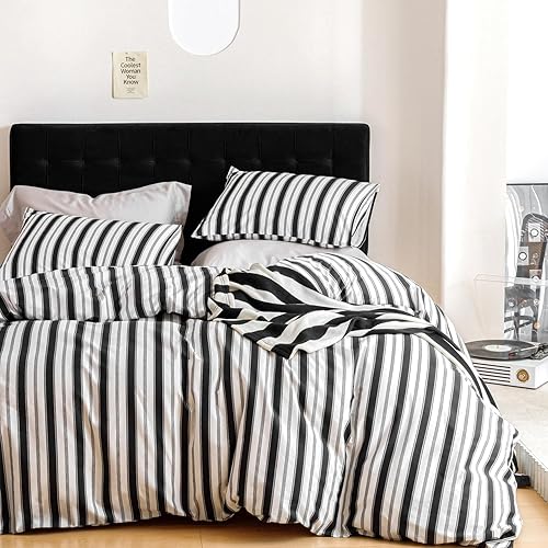 Miniatura 1 de SUSYBAO Funda de edredón a rayas negras, tamaño King, 100% algodón, funda de edredón a rayas blancas, juego de 3 piezas, 1 funda de edredón