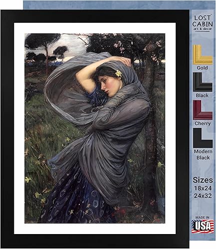 Boreas de cabaña perdida por John William Waterhouse | Impresión enmarañada en marco plano negro | Reproducción de pinturas de obras de arte finas |