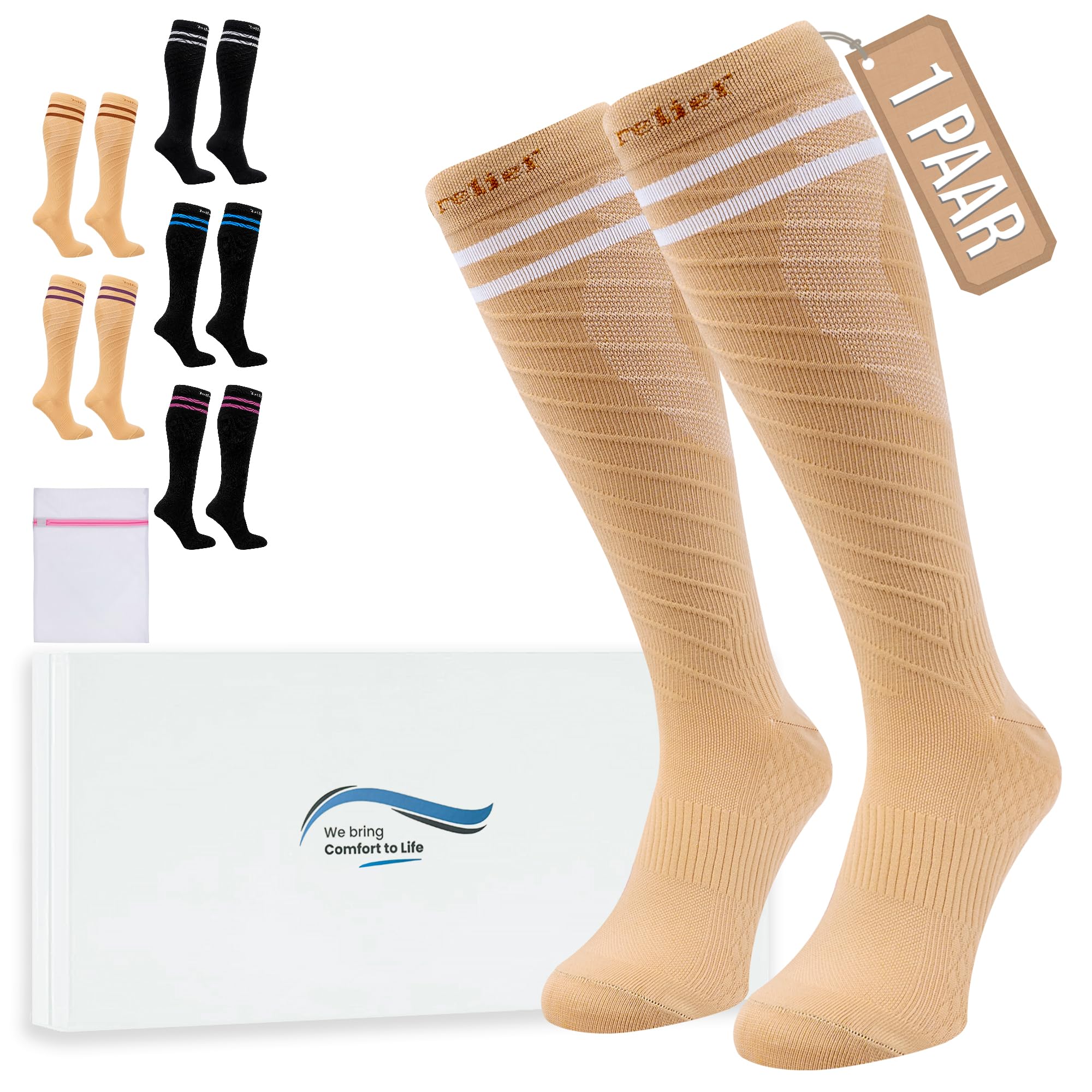 360 Relief Kompressionsstrümpfe Damen und Herren - Kompressionssocken einfarbig für Sport, Laufen, Flug, Reisen, Joggen, Radsport, Stütz Thrombosestrümpfe, mit Wäschenetz
