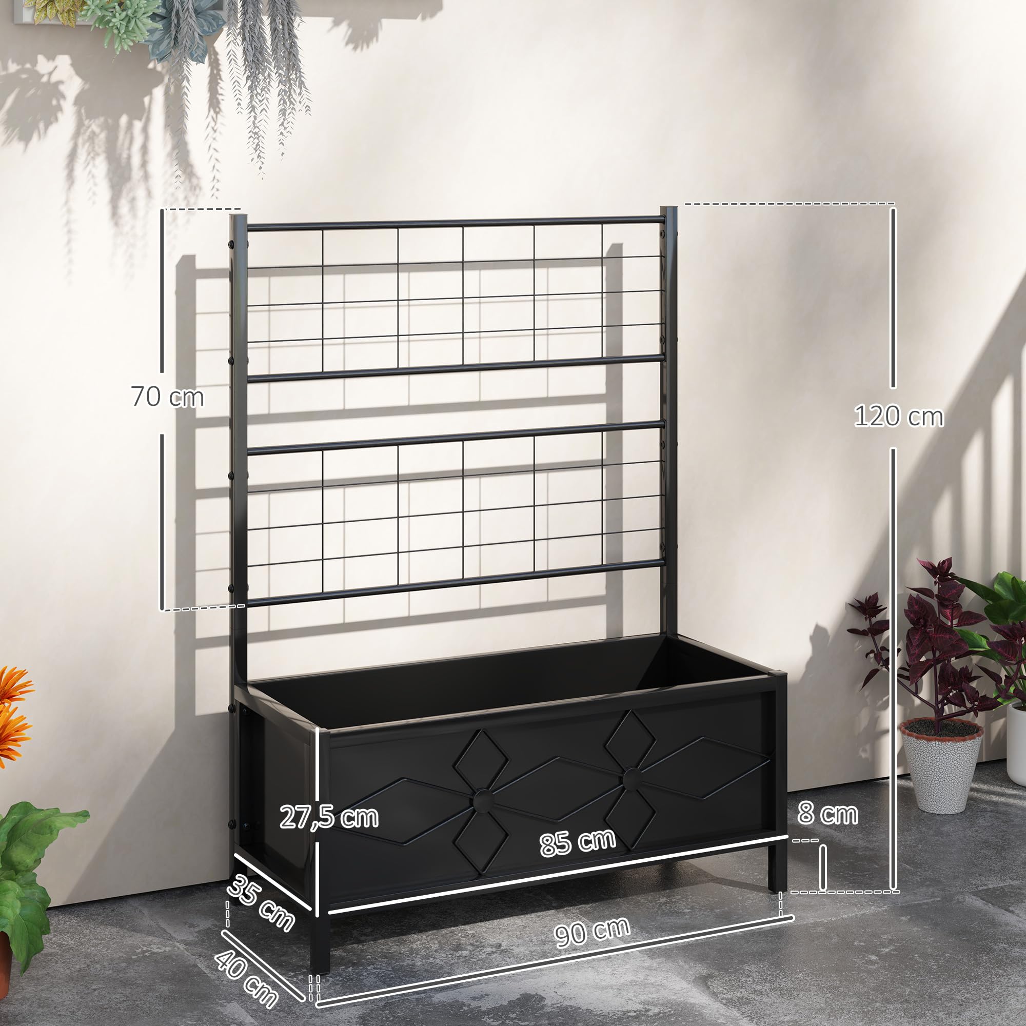 Outsunny Jardinière avec Treillis Lit Surélevé de Jardin 90x40x120 cm Noir | Jardinière Extérieure, Motif en Losanges, Trous de Drainage, Bac à Fleurs en Acier Galvanisée, pour Balcon Terrasse Patio
