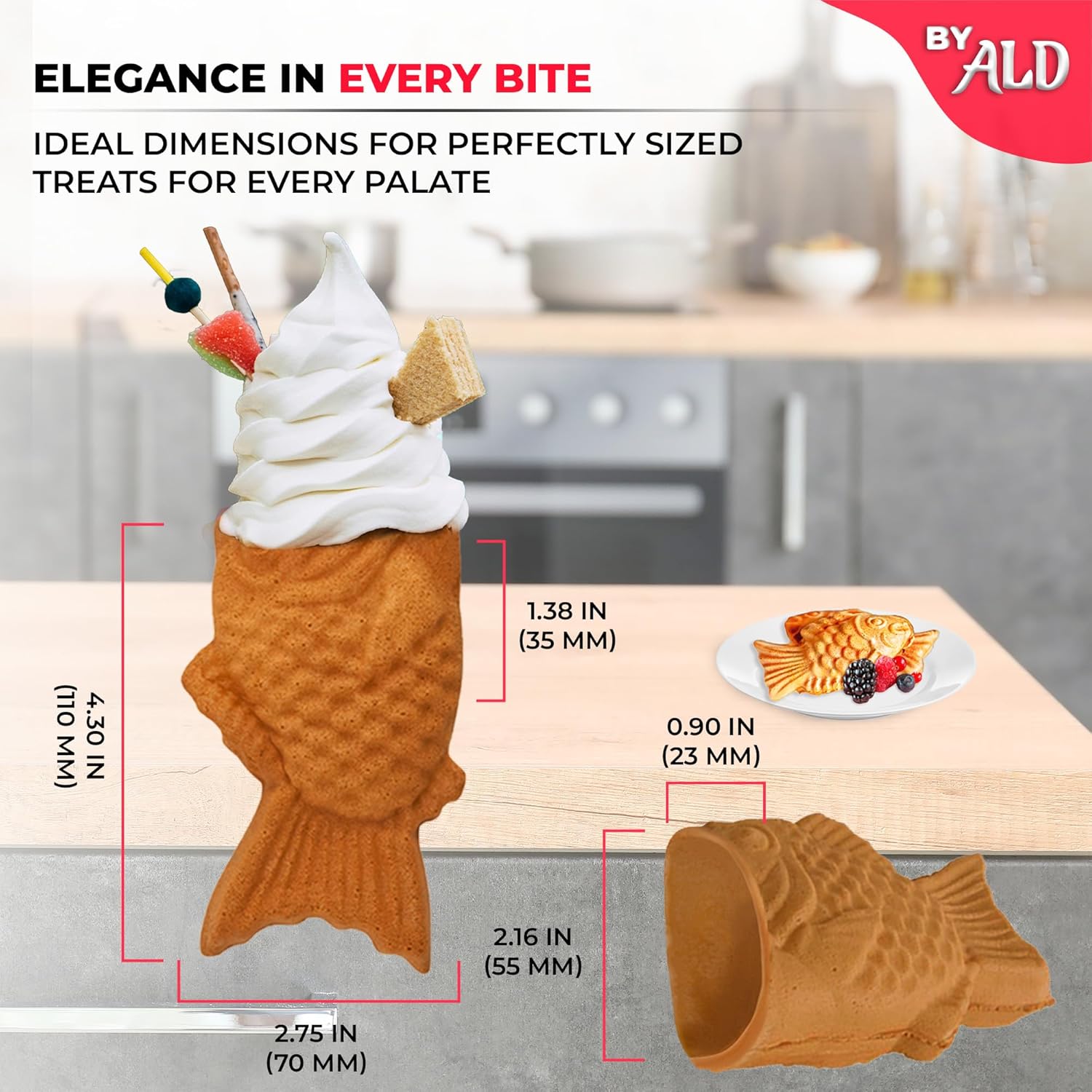 ALDKitchen Taiyaki Fish Waffle Maker | Fish-Shaped Waffle Iron | Stainless Steel | Nonstick | 110V (5 Open-Mouth Fish)