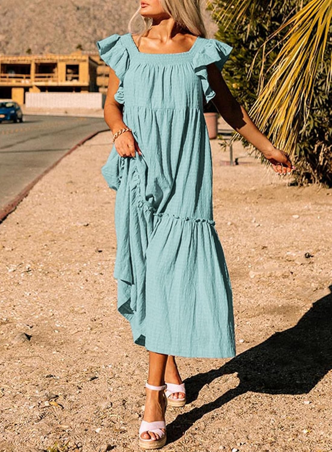 Dokotoo Women's 2025 Spring Summer Square Collar Dress Off Shoulder Style Elegant Ruffle Hemline Skirt Mini Dresses S-XL - Image 6