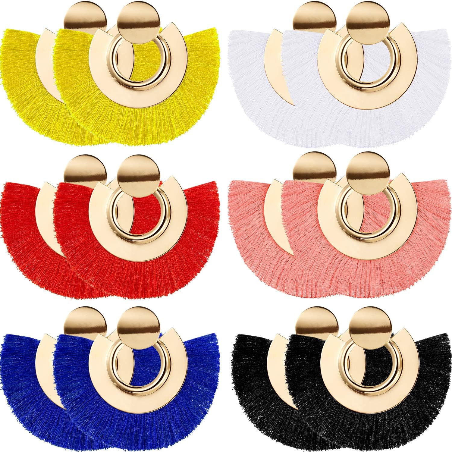 meekoo 6 Pairs Tassel Dangle Earrings Gold Hoop Fringe Earrings Bohemia Fan Shaped Earrings for Women Party and Daily Wear