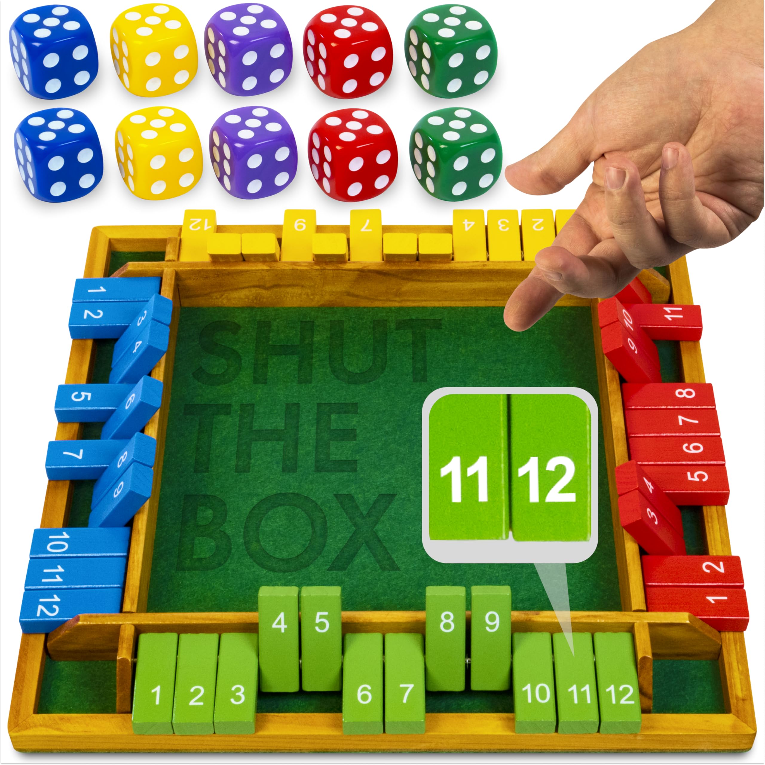 Shut The Box Game Wooden Board for 4 Players - 14-inch Shut The Box Game 12 Numbers for Adults & Kids - Ideal for Game Night