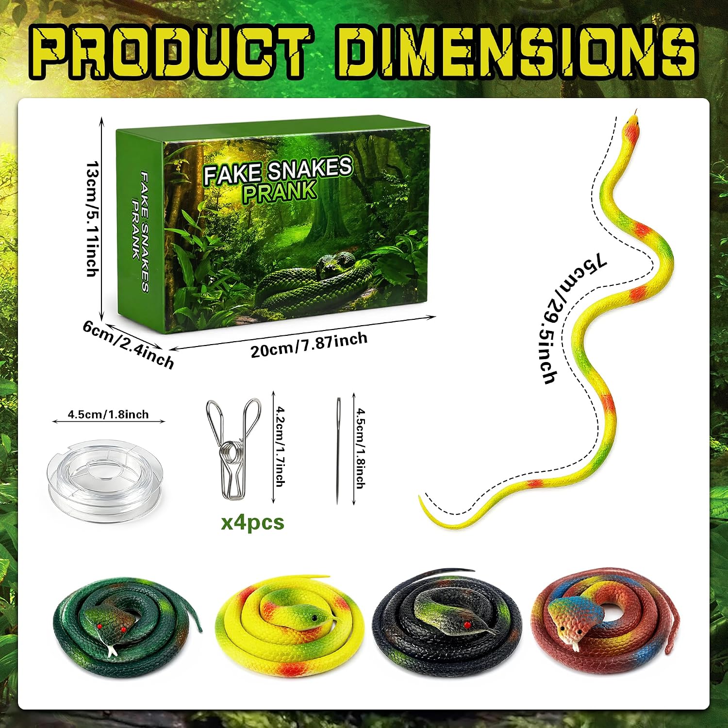 4 Sets Snake Prank Kit Colour Realistic with Transparent String Metal Clips Steel Needle Packing Box on Prank Garden Snake Decoy Birthday Party Favor Joke Toy Decoration image 2
