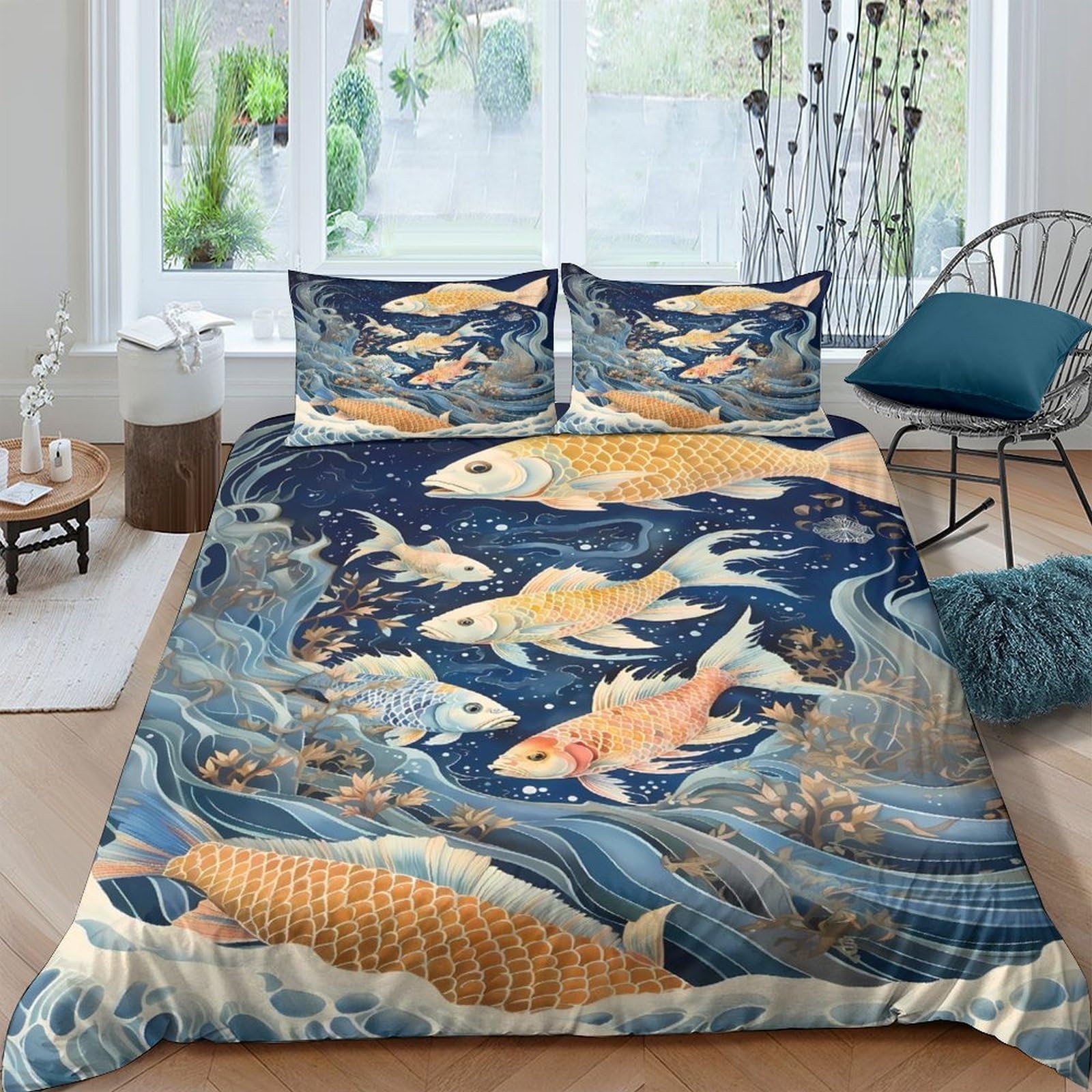 Ctjqhvkz Style-8 3D Printed Koi Fish Fitted Sheet Microfiber Artistic Waves Mattress Cover For Bedroom Guest Room Decor Single（135X200cm）