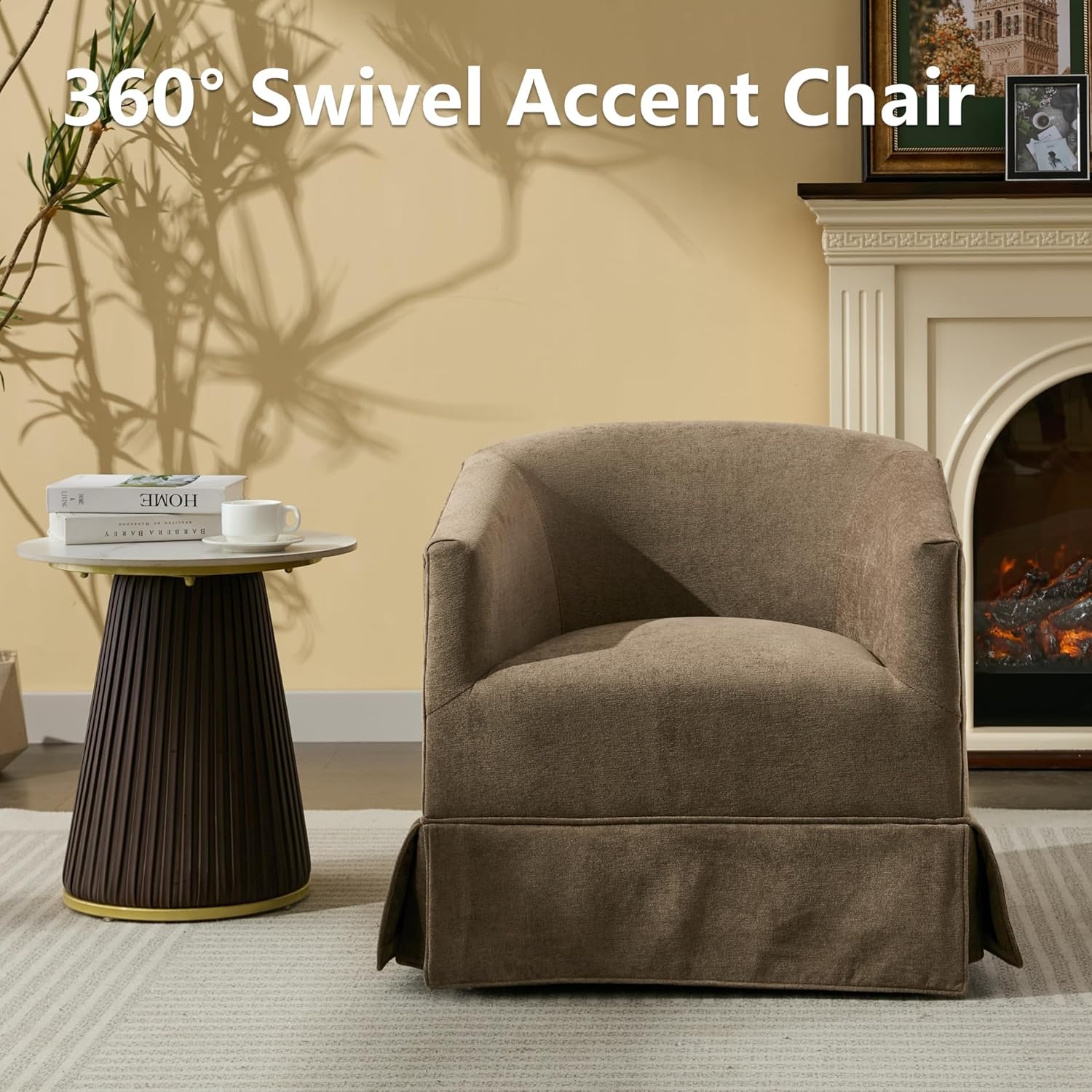 Swivel Accent Chair for Living Room, 360° Upholstered Barrel Swivel Chair with Skirted Base, Modern Linen Armchair for Bedroom, Reading Nook, Small Space Chair, Brown
