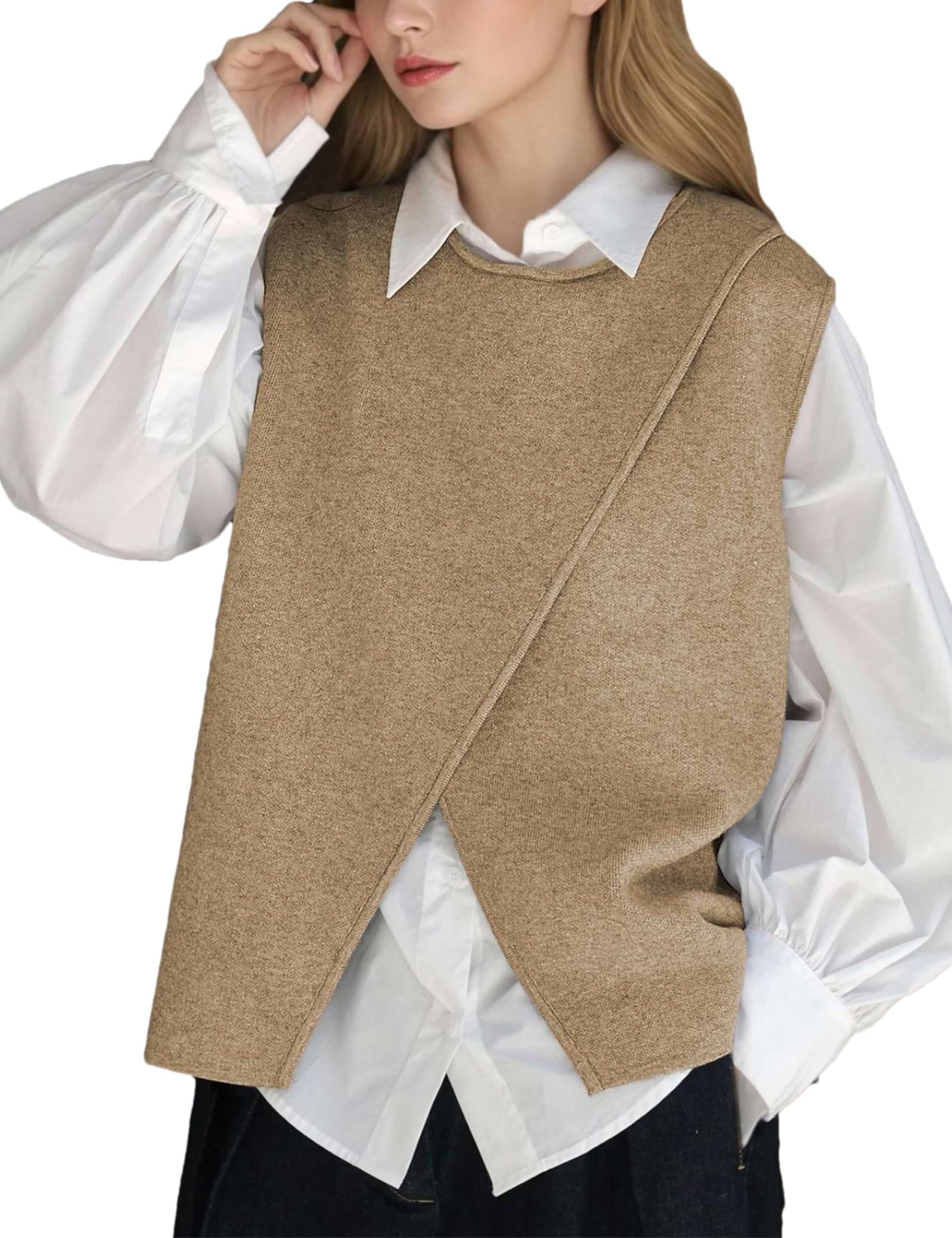 Women's Front Split Sweater Vest Sleeveless Knitted Pullover Tops Fall Outfits(1288-Brown-M)-image-48