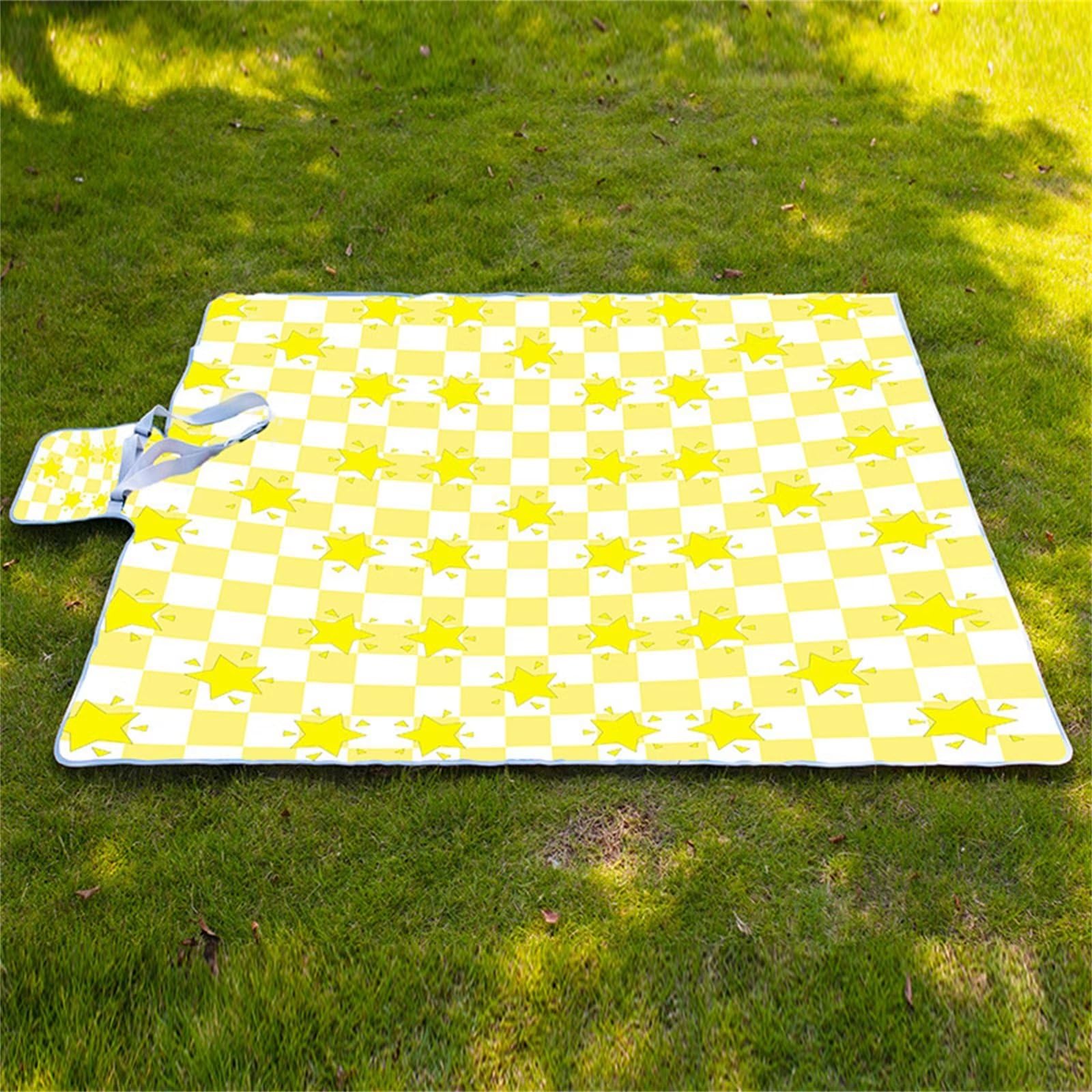 Manta Picnic Impermeable 180x200cm,Lavable Picnic Blanket,Ultrasónica Mantel Picnic,con Mango Multifunción para Acampar Playa Parque de Senderismo,Estrellas Amarillas